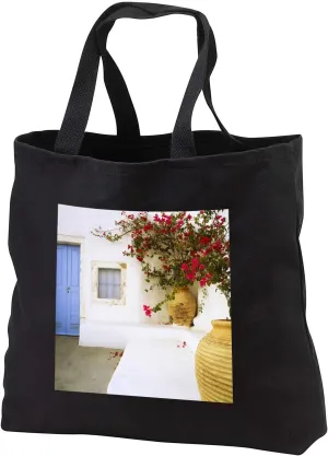 3dRose Greece, Santorini. Blue door to house and potted flowers. - Tote Bags (tb_330092)