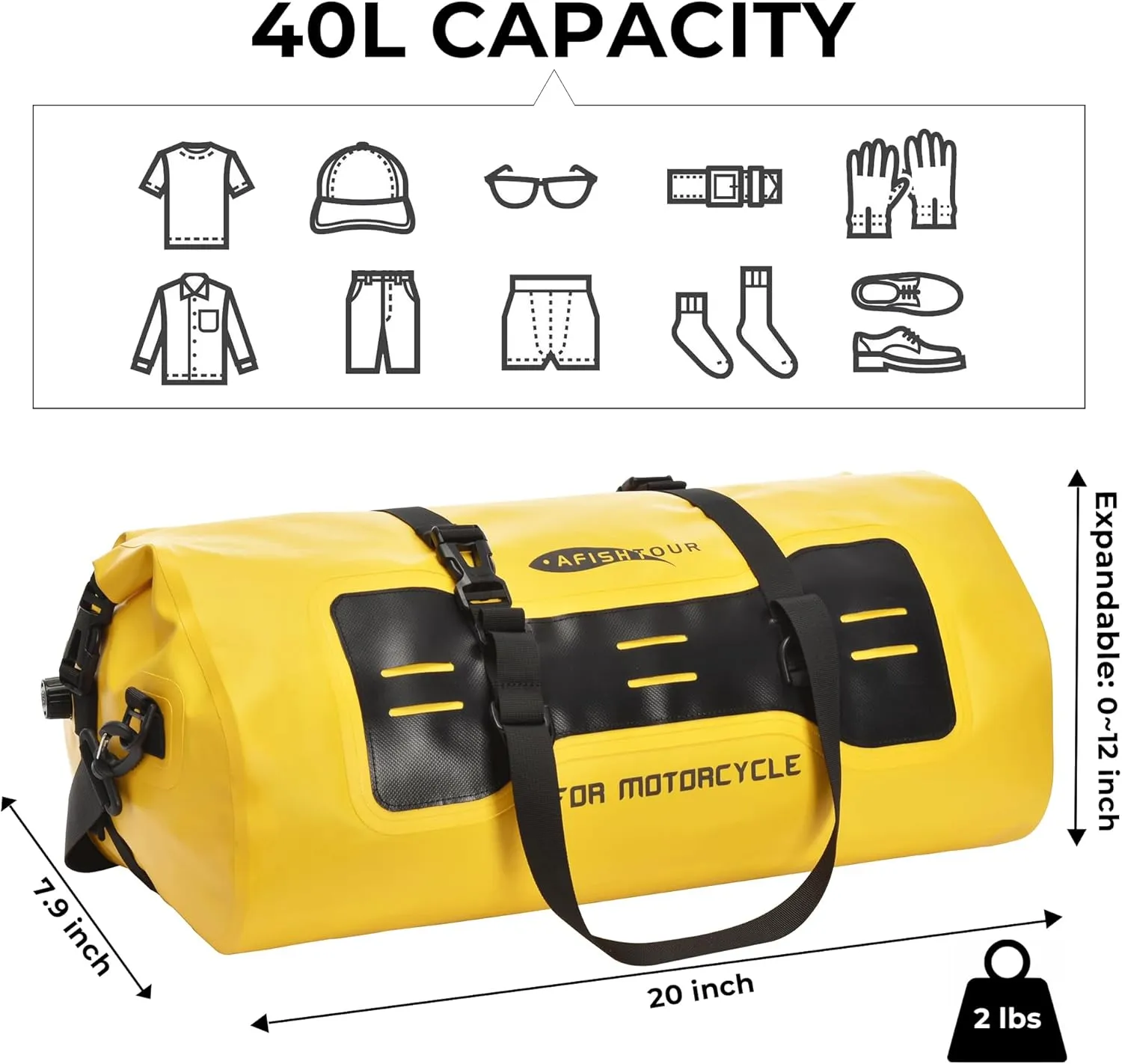 40L Waterproof Motorcycle Duffel Bag - Motorcycle Luggage Tail Bag with Straps for Back Seat - Roll Top Dry Bag for Kayaking, Rafting, Boating, Camping, Travel, Beach (Yellow)