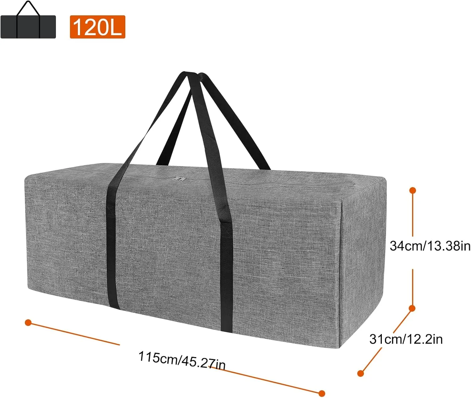 45 Inch Sports Duffle Bag - 120L Large Luffel Bag for Travel, Foldable Luggage Duffle Bag with Zippers for Men Women (Grey)