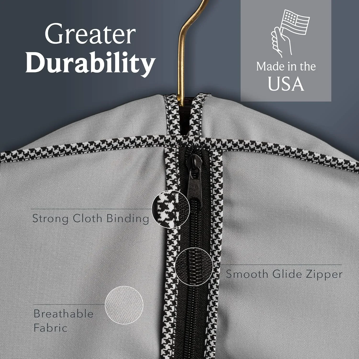 45" Luxury Fur Coat Cotton Blend Cloth Garment Bags for Travel & Hanging Clothes (Grey - Houndstooth Trim) - Suit Covers Garment Bag for Men & Women Dress Bag - Closet Storage Suit Bag, Coat Storage