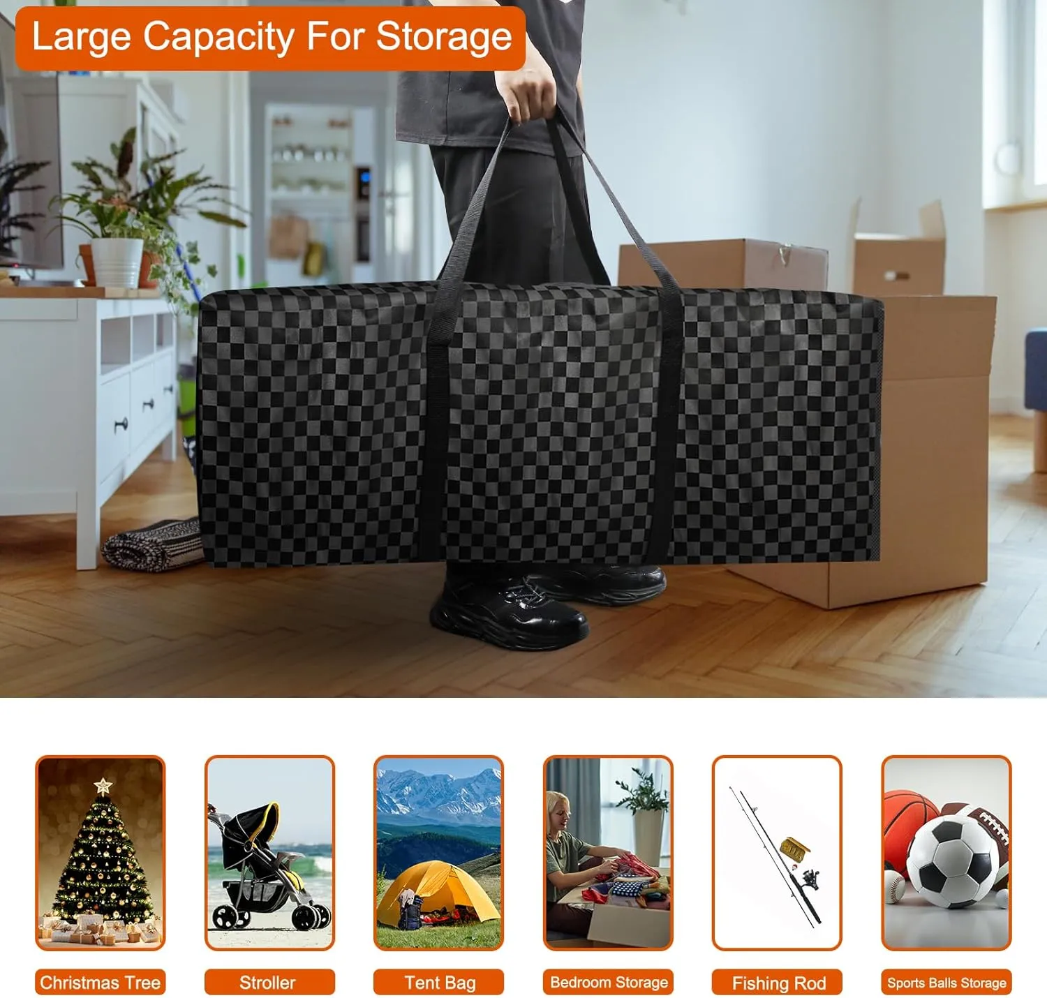47 Inch Sports Duffle Bag - 195L Large Luffel Bag for Travel, Foldable Luggage Duffle Bag with Zippers for Men Women (Checkered Fabric)