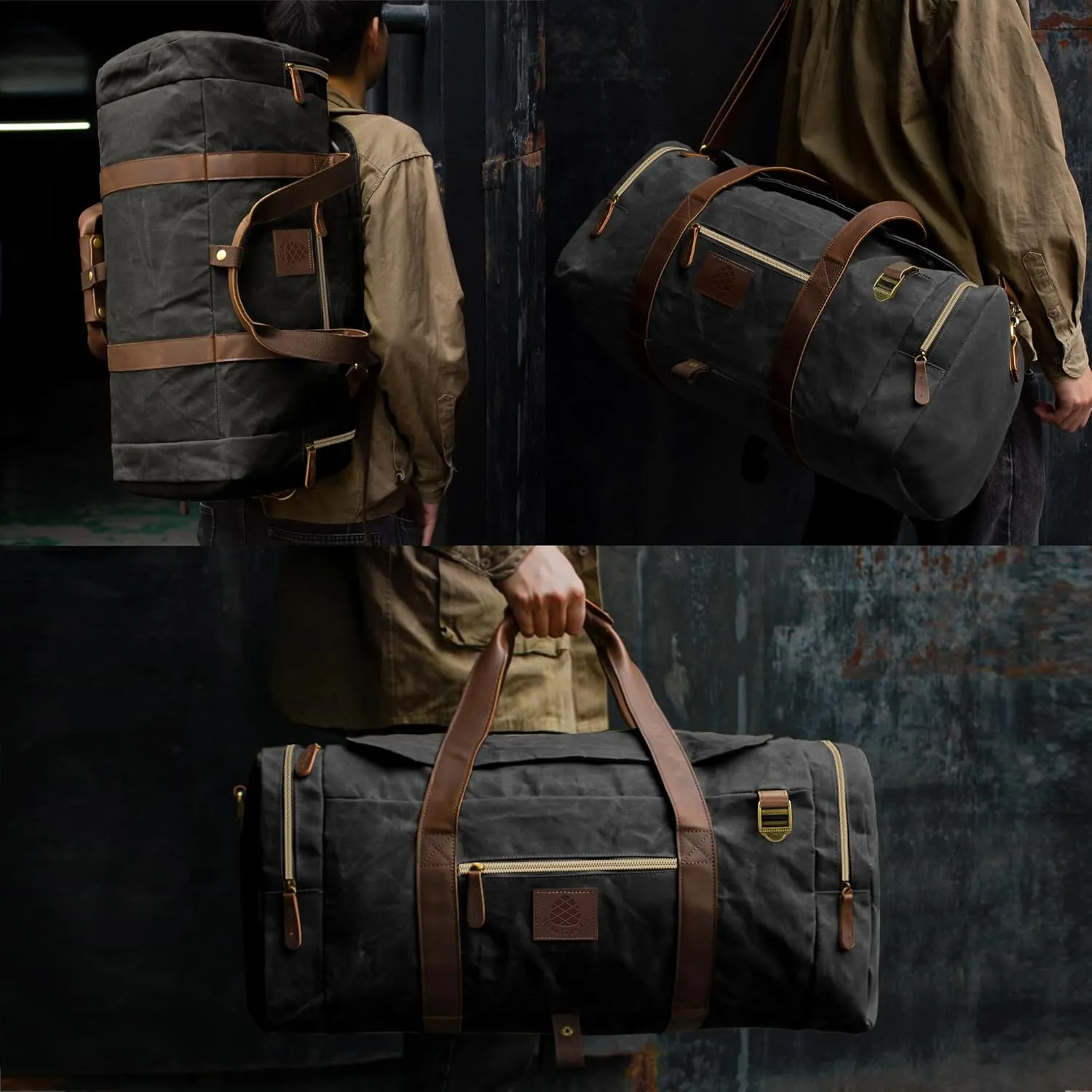 50L Duffle Bag for Men, Nomad Waxed Canvas Travel Duffel Bag Vintage Genuine Leather Travel Handbag Upgraded Weekender Overnight Backpack with Shoes Compartment (Vintage Black, Large-50L)