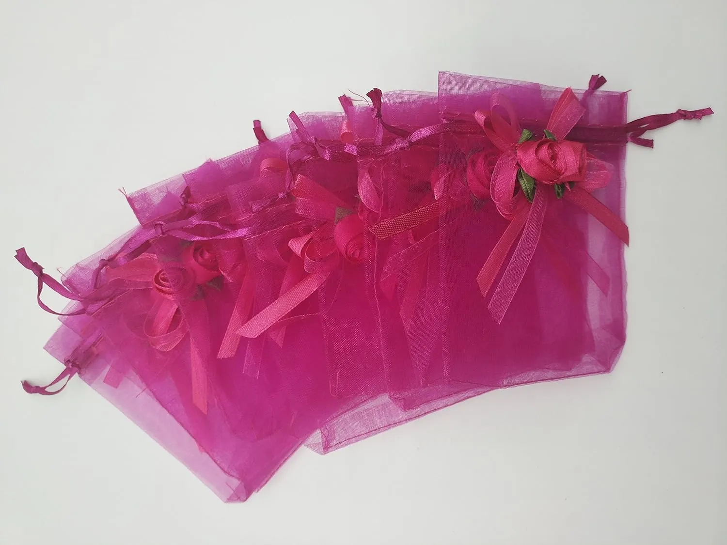 50pcs Sheer Organza Favor Bags for Wedding 3.8x4.8'' Gift Bags Samples Display Drawstring Rose Pouches (hot Pink)