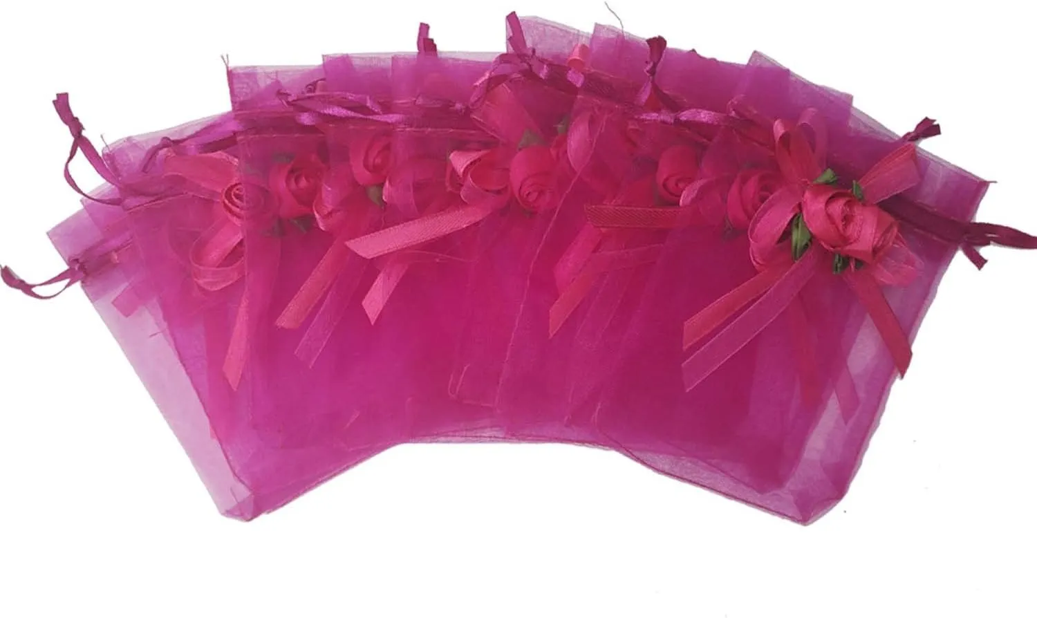 50pcs Sheer Organza Favor Bags for Wedding 3.8x4.8'' Gift Bags Samples Display Drawstring Rose Pouches (hot Pink)