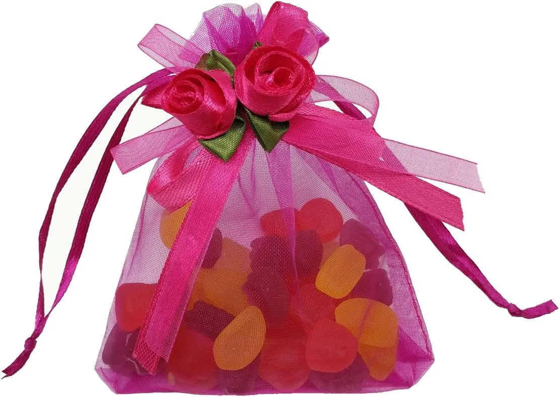 50pcs Sheer Organza Favor Bags for Wedding 3.8x4.8'' Gift Bags Samples Display Drawstring Rose Pouches (hot Pink)