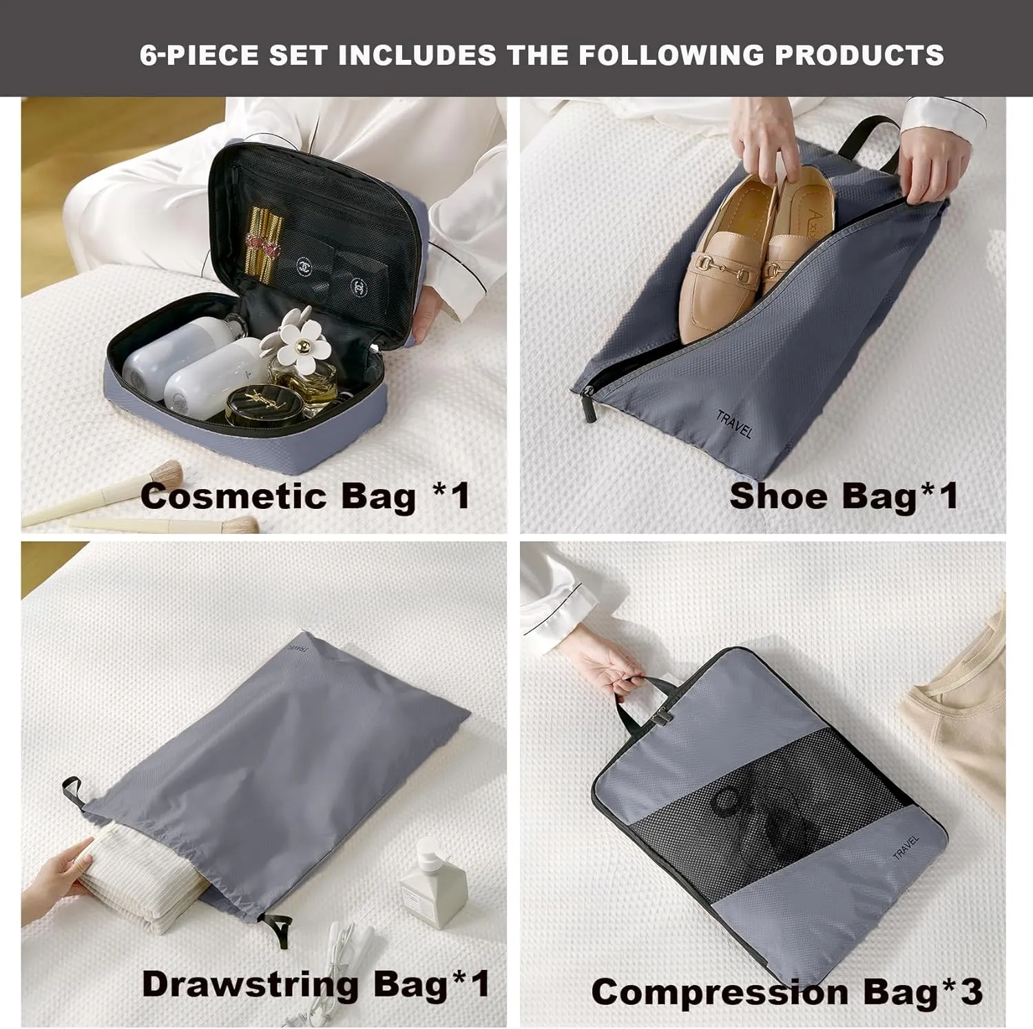 6 Set Compression Packing Cubes for Suitcases, Space-Saving Packing Cubes for Travel, Durable Suitcase Organizer Bags Set for Travel Essentials, Double Zipper Compression Packing Cubes,Grey