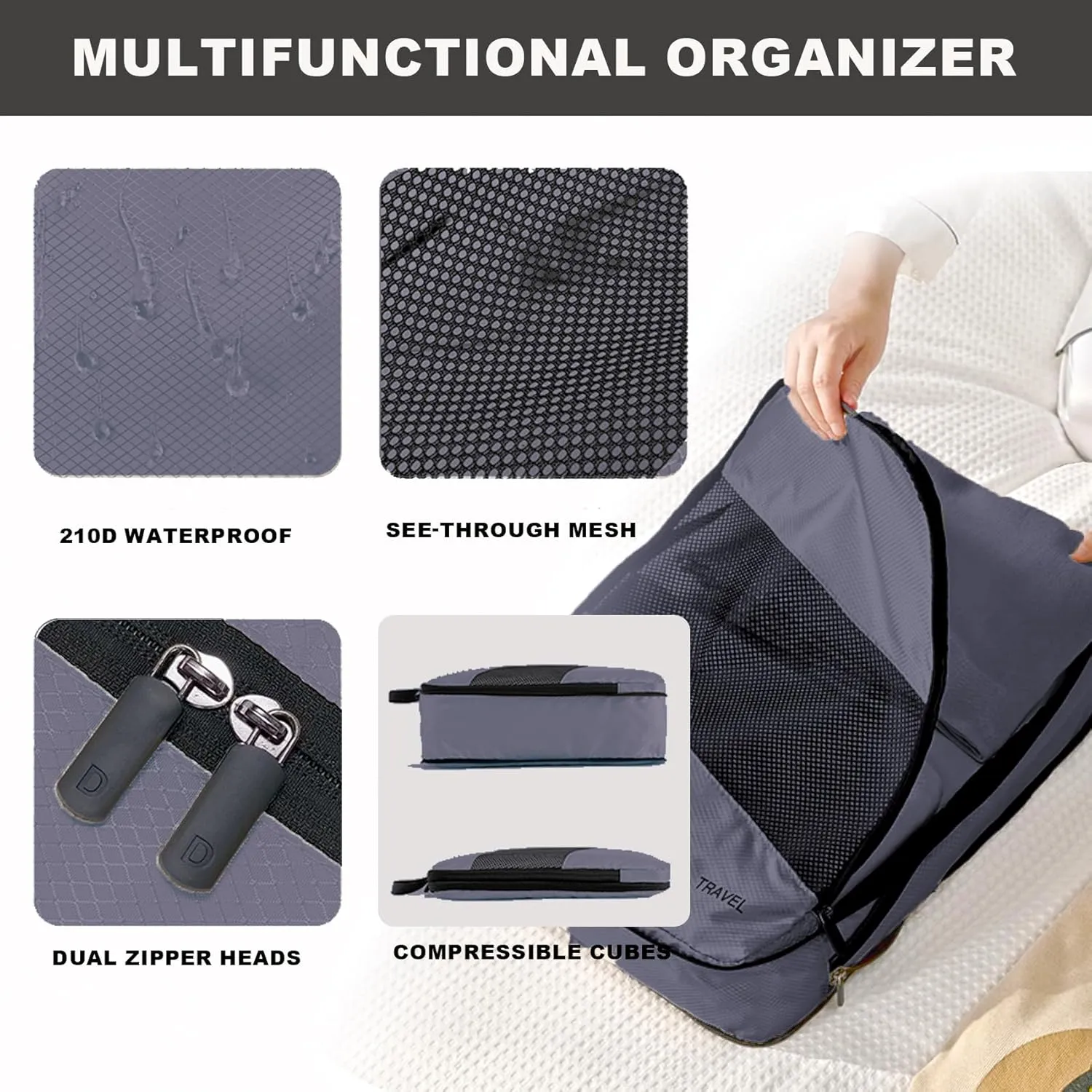 6 Set Compression Packing Cubes for Suitcases, Space-Saving Packing Cubes for Travel, Durable Suitcase Organizer Bags Set for Travel Essentials, Double Zipper Compression Packing Cubes,Grey