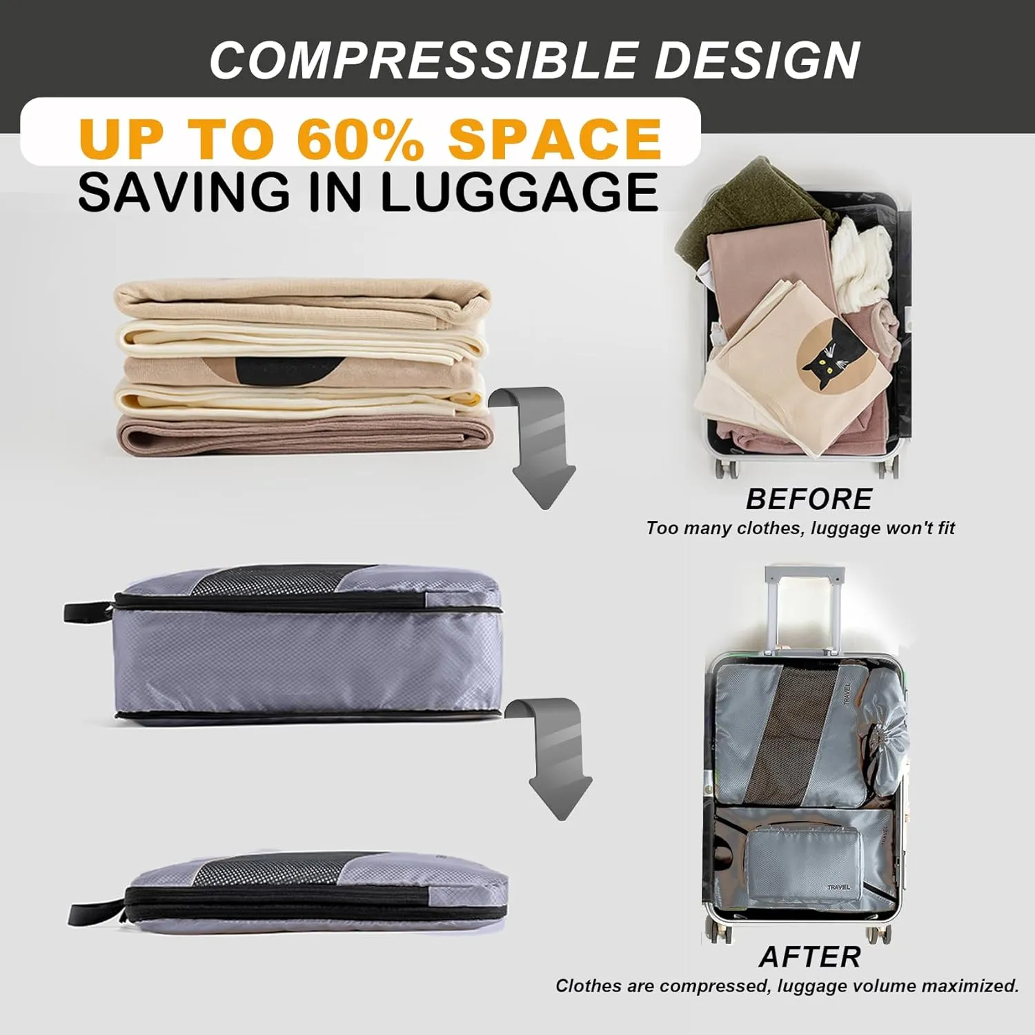 6 Set Compression Packing Cubes for Suitcases, Space-Saving Packing Cubes for Travel, Durable Suitcase Organizer Bags Set for Travel Essentials, Double Zipper Compression Packing Cubes,Grey