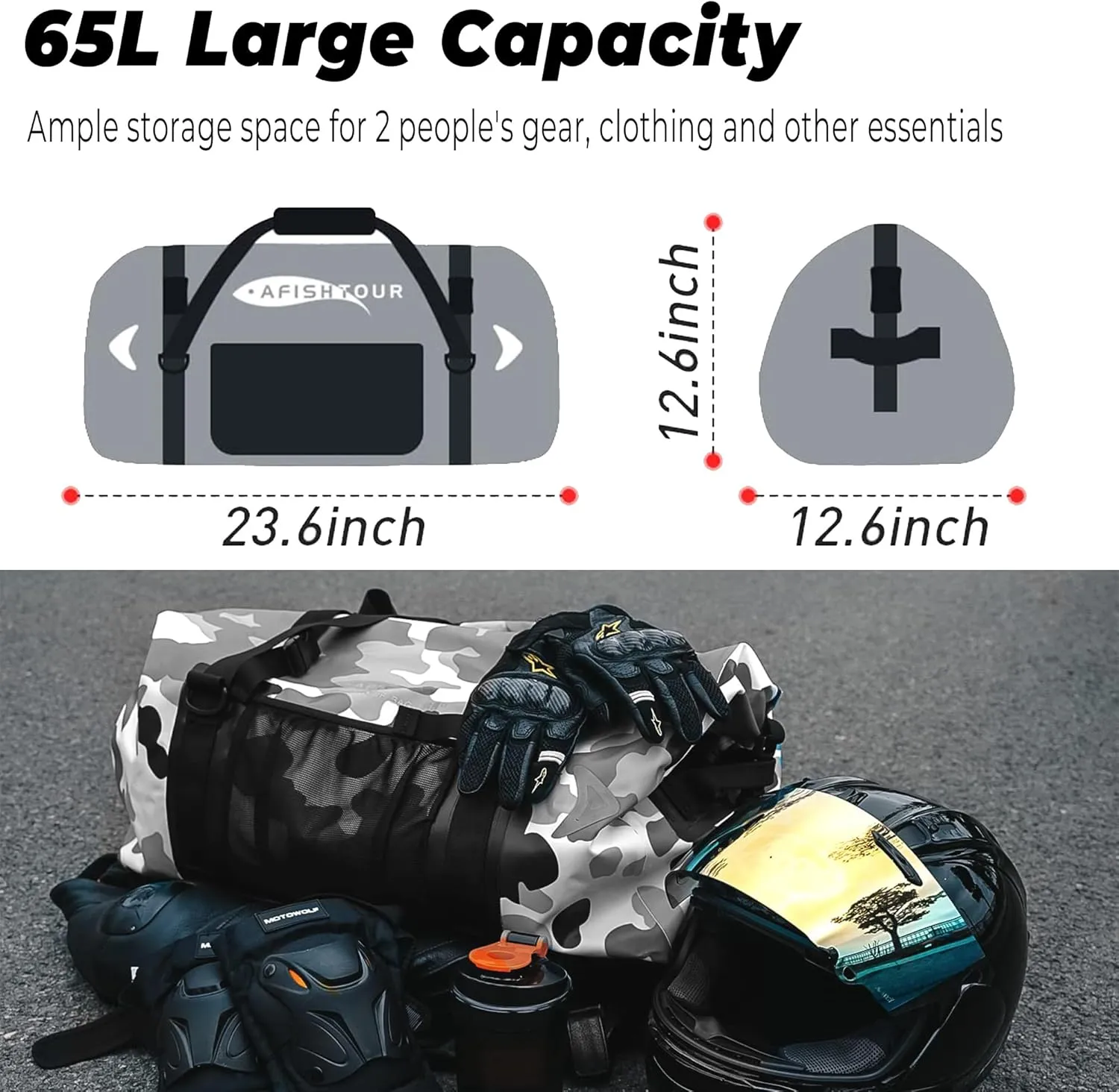 65L Waterproof Duffel Bag for Men and Women - Large Motorcycle Duffle Bag with Straps for Back Seat - Roll Top Dry Bag for Kayaking, Rafting, Boating, Swimming, Beach