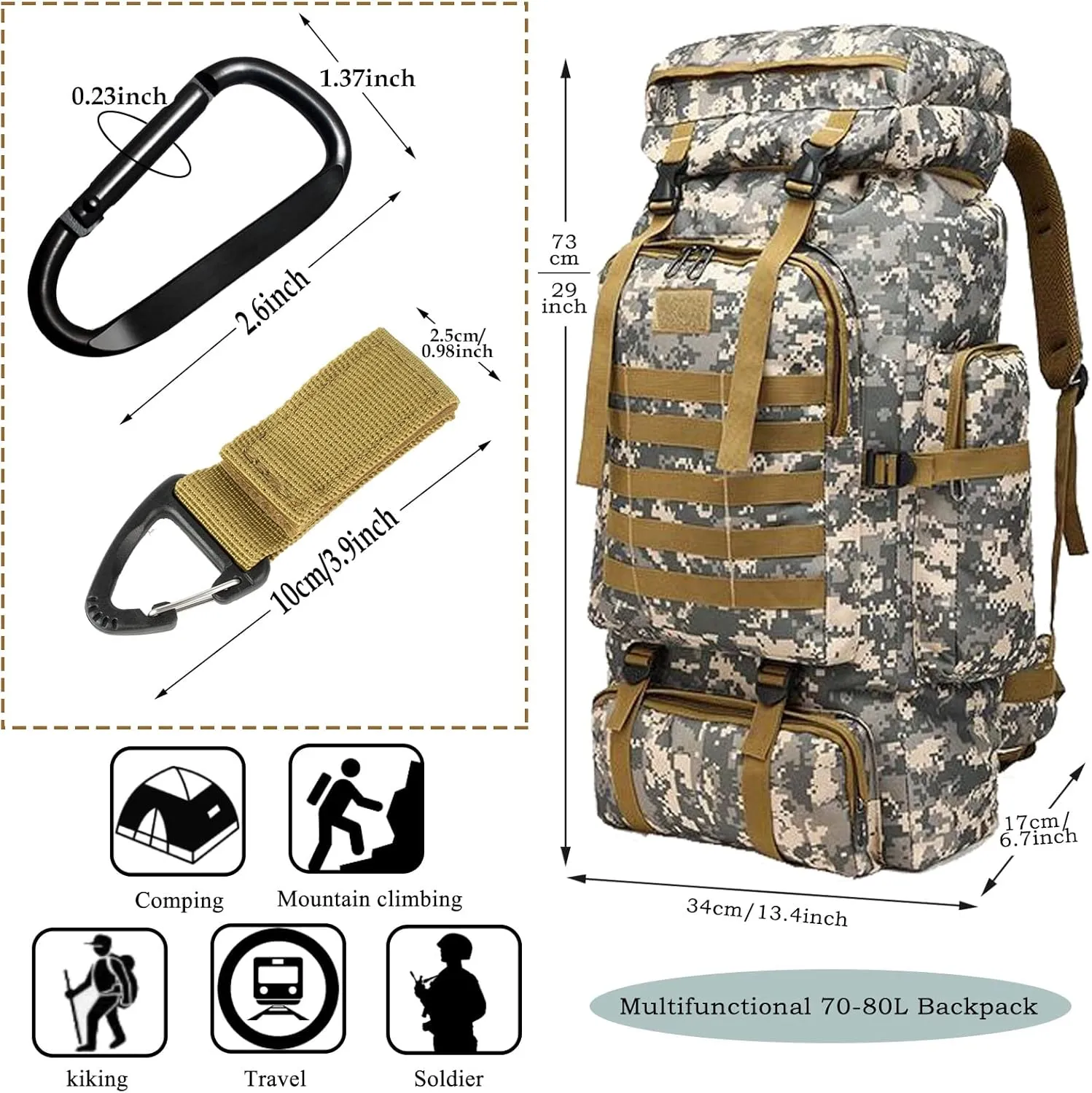 70L Hiking Backpack for Men, Waterproof Lightweight Camping Backpack, Military Rucksack with Molle, 3-Day Assault Pack for Travel, Climbing, Outdoor Sports (Urban Camouflage)