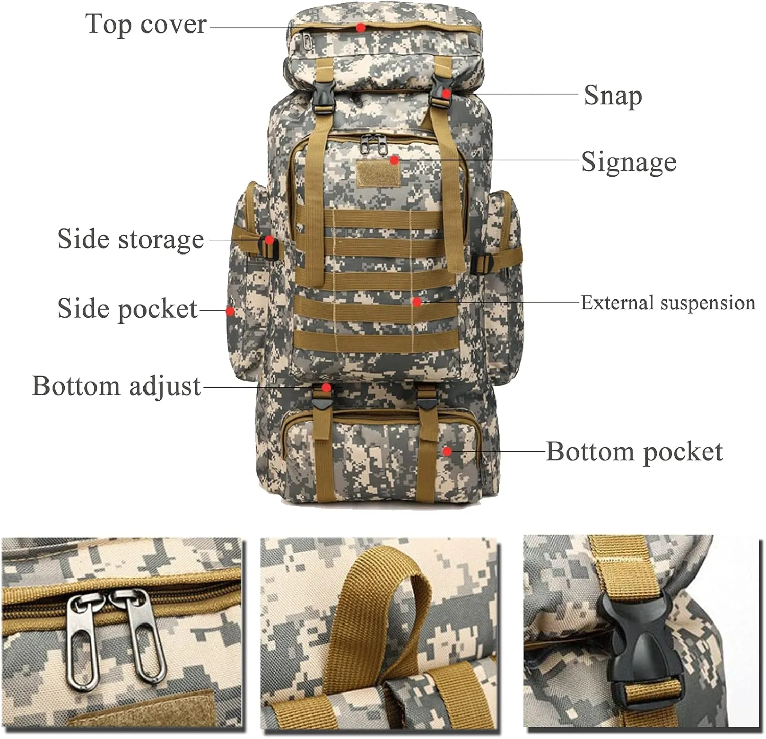 70L Hiking Backpack for Men, Waterproof Lightweight Camping Backpack, Military Rucksack with Molle, 3-Day Assault Pack for Travel, Climbing, Outdoor Sports (Urban Camouflage)