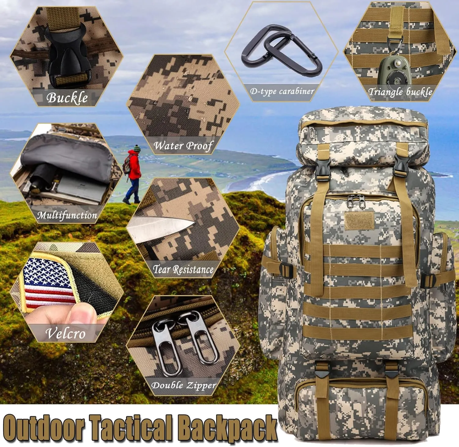 70L Hiking Backpack for Men, Waterproof Lightweight Camping Backpack, Military Rucksack with Molle, 3-Day Assault Pack for Travel, Climbing, Outdoor Sports (Urban Camouflage)