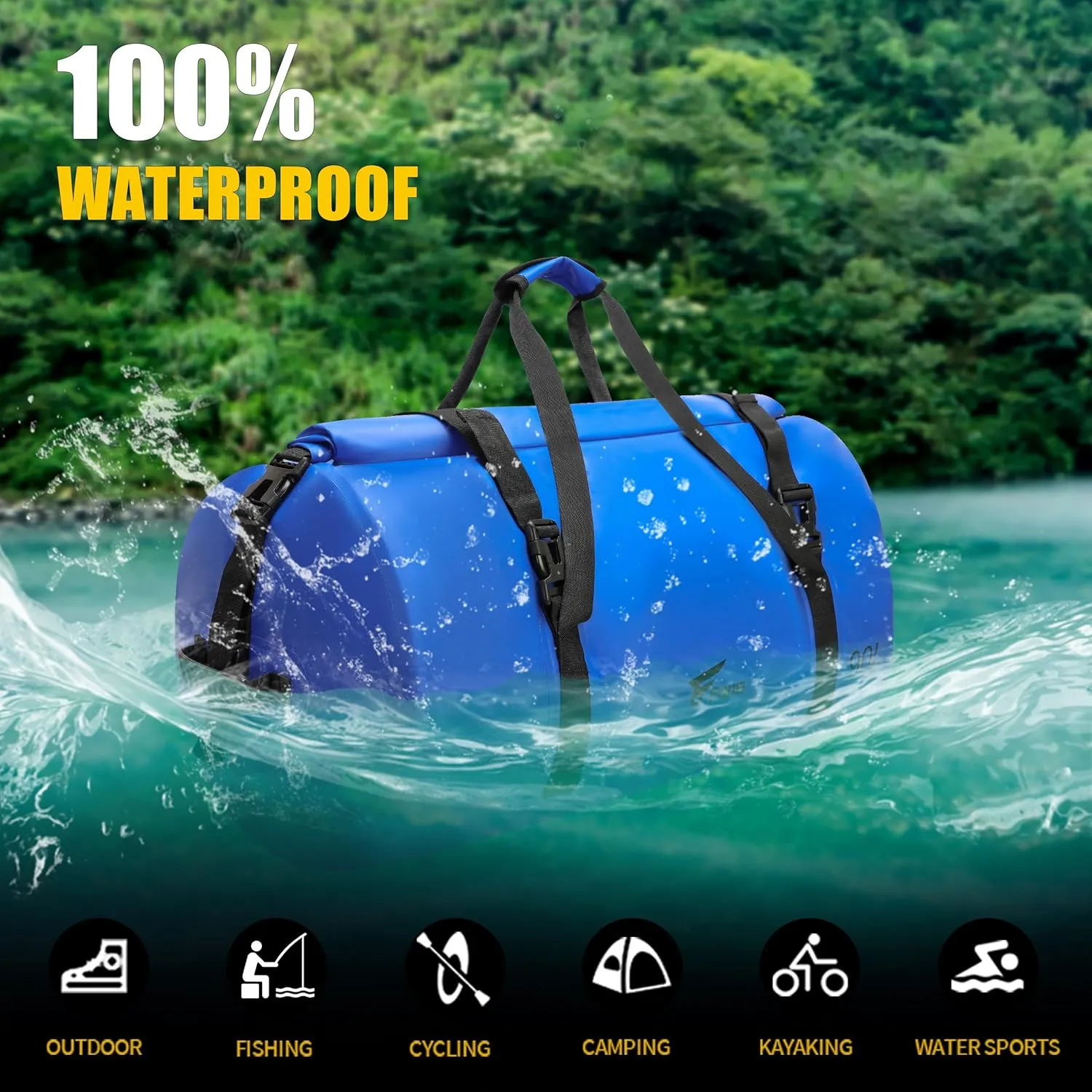 8 Fans Extra Large Waterproof Duffle Bag,Heavy Duty Travel Dry Bag with Durable Straps & Handles, Ideal for Kayaking,Paddleboarding,Boating,Rafting,and Fishing (Blue, 50L)