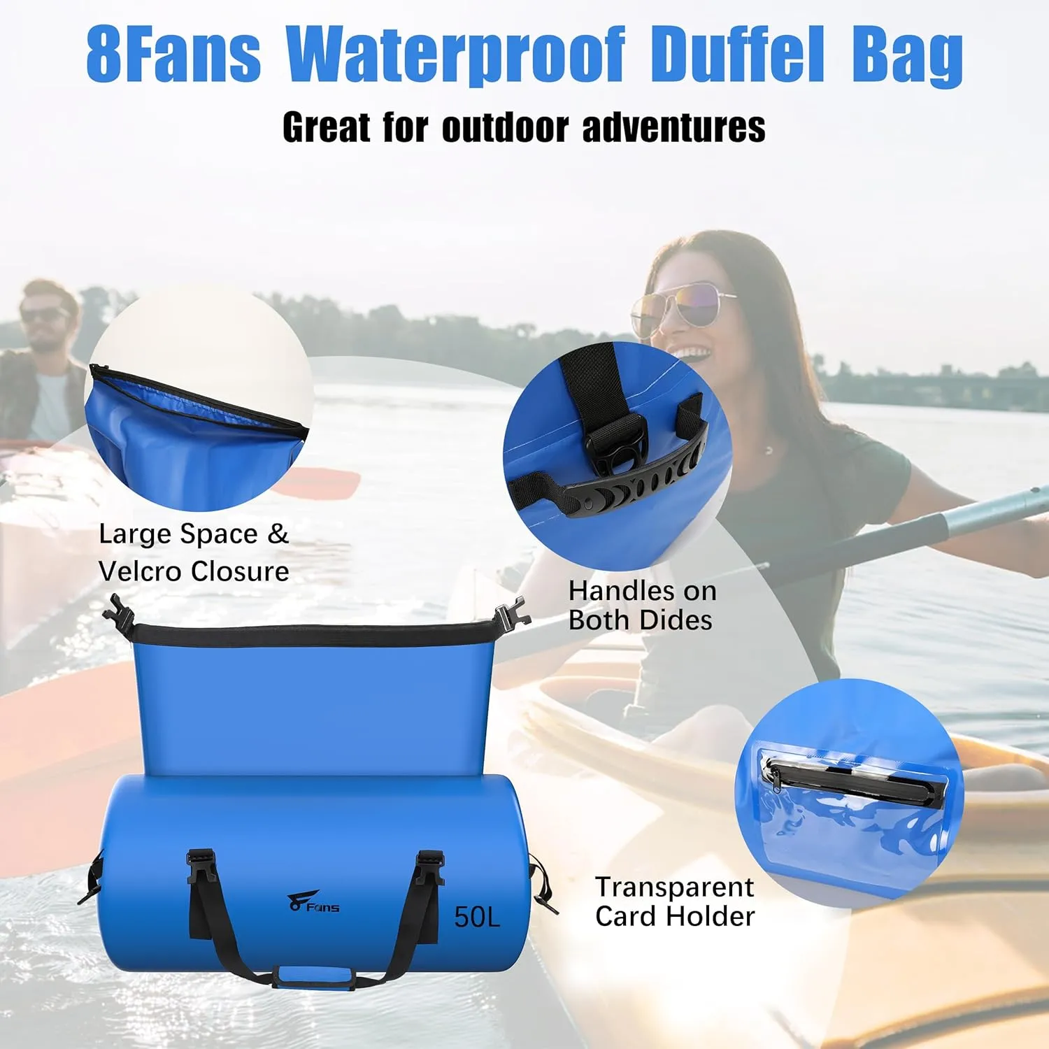 8 Fans Extra Large Waterproof Duffle Bag,Heavy Duty Travel Dry Bag with Durable Straps & Handles, Ideal for Kayaking,Paddleboarding,Boating,Rafting,and Fishing (Blue, 50L)