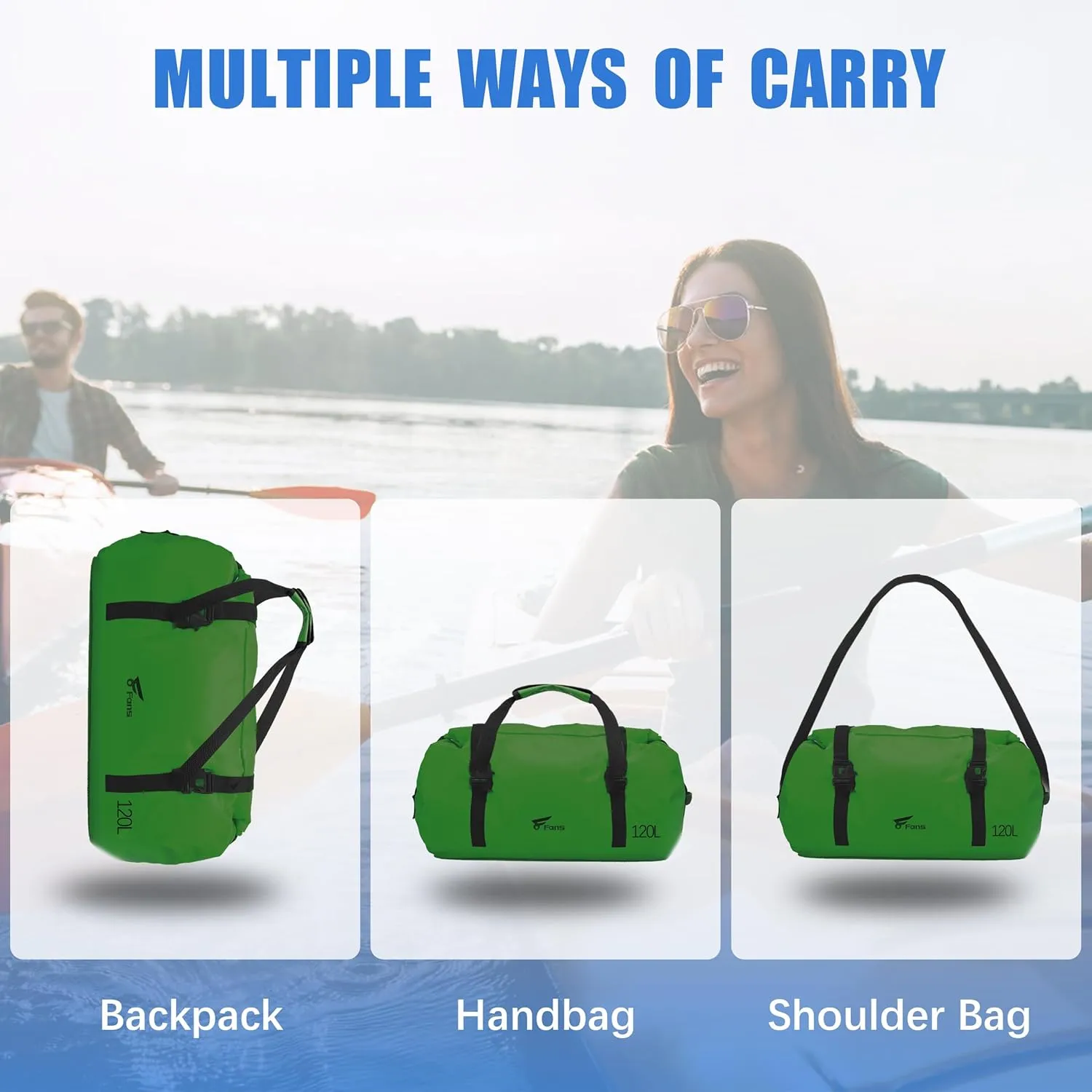 8 Fans Extra Large Waterproof Duffle Bag,Heavy Duty Travel Dry Bag with Durable Straps & Handles, Ideal for Kayaking,Paddleboarding,Boating,Rafting,and Fishing (Green, 120L)