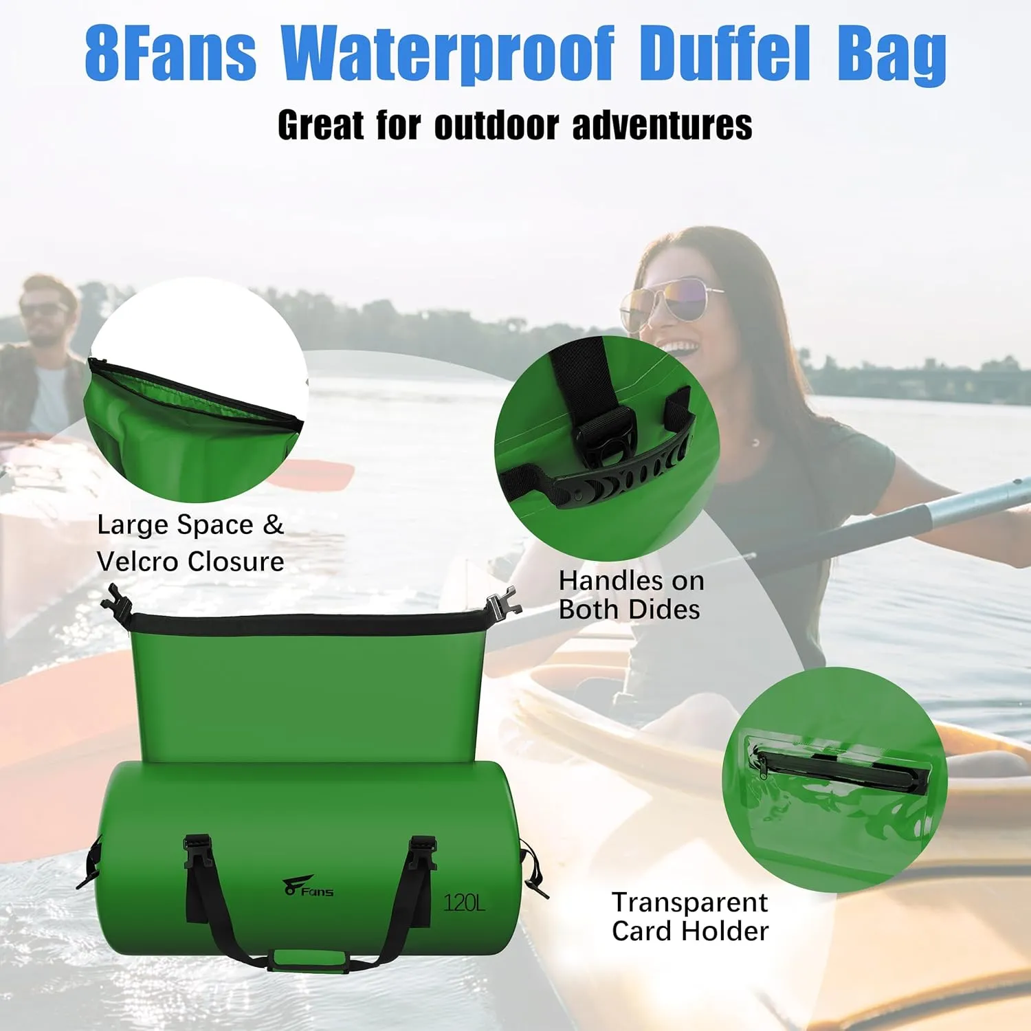 8 Fans Extra Large Waterproof Duffle Bag,Heavy Duty Travel Dry Bag with Durable Straps & Handles, Ideal for Kayaking,Paddleboarding,Boating,Rafting,and Fishing (Green, 120L)