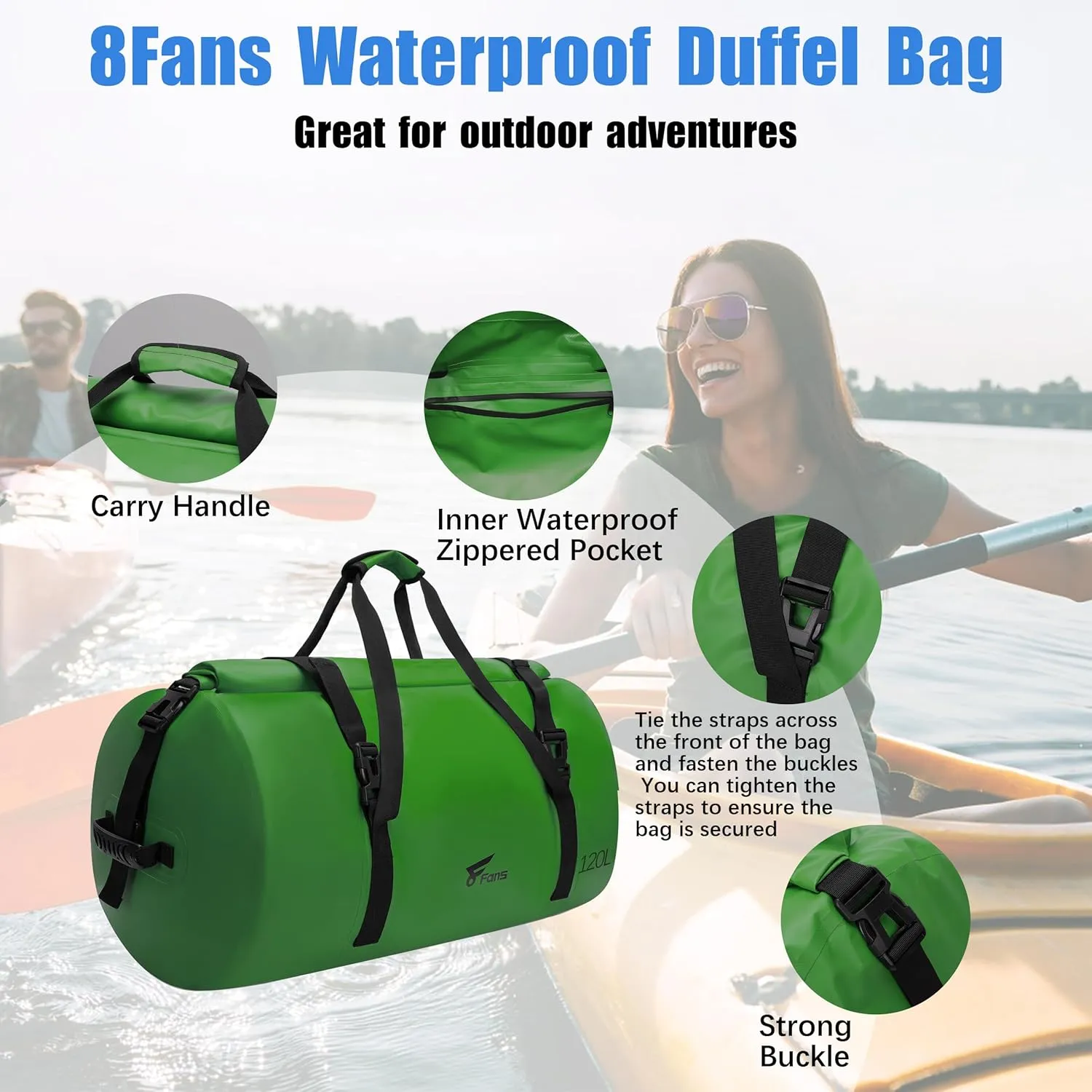 8 Fans Extra Large Waterproof Duffle Bag,Heavy Duty Travel Dry Bag with Durable Straps & Handles, Ideal for Kayaking,Paddleboarding,Boating,Rafting,and Fishing (Green, 120L)