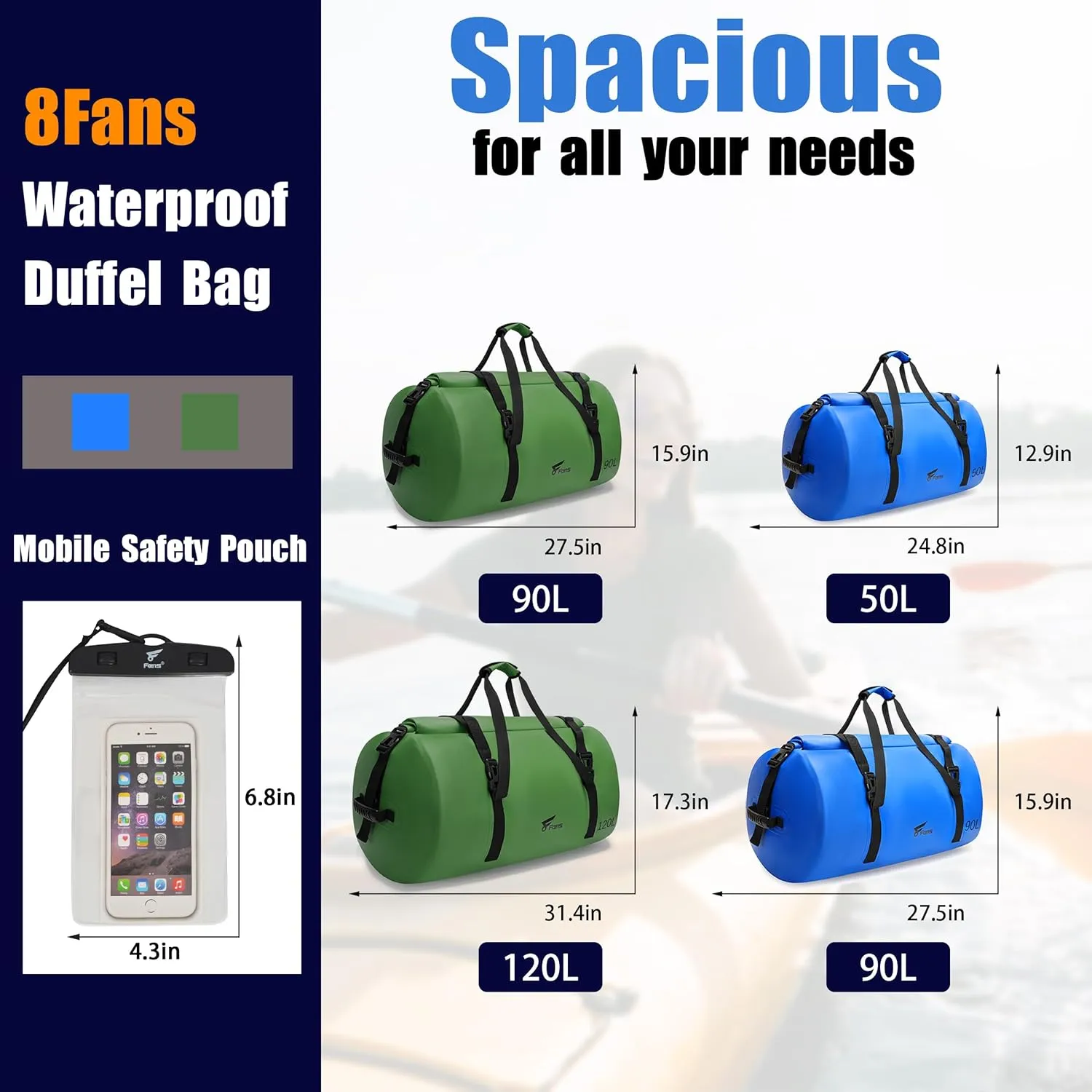 8 Fans Extra Large Waterproof Duffle Bag,Heavy Duty Travel Dry Bag with Durable Straps & Handles, Ideal for Kayaking,Paddleboarding,Boating,Rafting,and Fishing (Green, 120L)