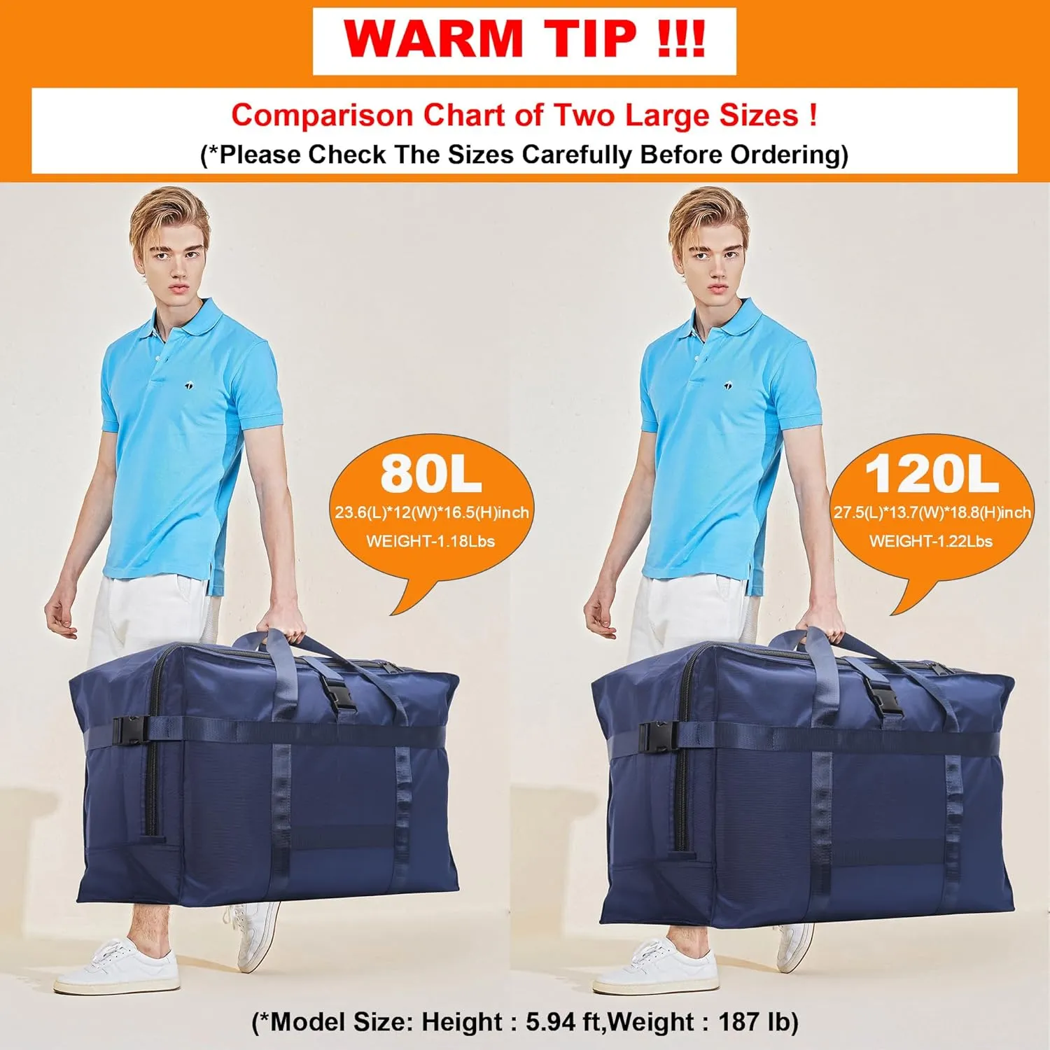 80L Foldable Travel Duffle Bag for Men and Women - Large Collapsible Duffel Bag - Waterproof Overnight Weekender Bag for Travel, Moving