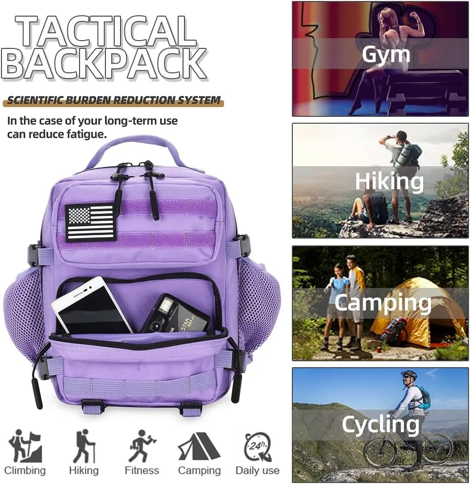 9L Mini Tactical Backpack for Men and Women, Tactical Backpack Small for Hiking, Small Tactical Bag（Light Purple）