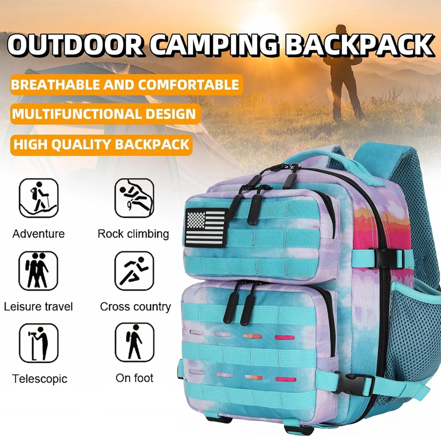 9L Tactical Assault Backpack Gym Backpack Hiking Travel Backpack Camping Backpack (Rainbow Tie-Dye)