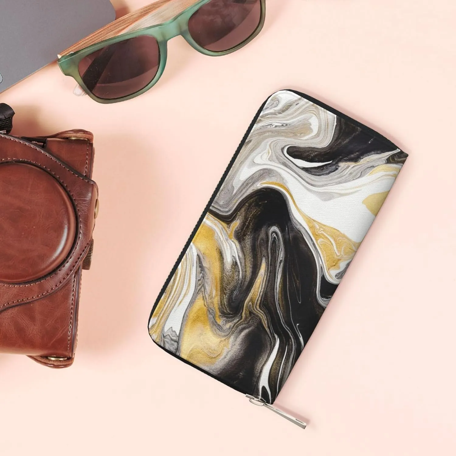 Abstract Black and Gold Swirl Liquid Ink Marble Wallet for Men Women Elegant Long Clutch Zip Around Travel Leather Coin Purse Large Capacity Credit Card Holder Handbag