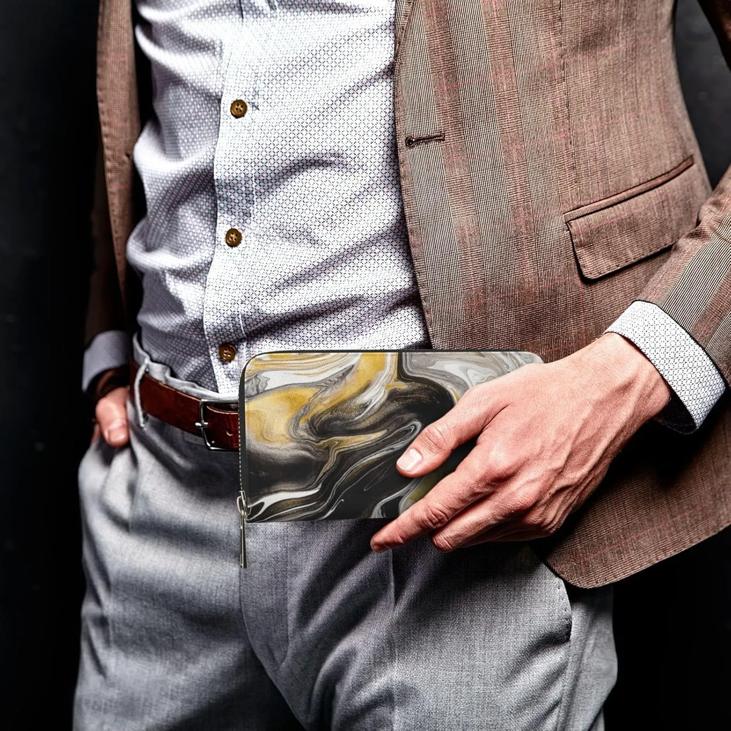Abstract Black and Gold Swirl Liquid Ink Marble Wallet for Men Women Elegant Long Clutch Zip Around Travel Leather Coin Purse Large Capacity Credit Card Holder Handbag