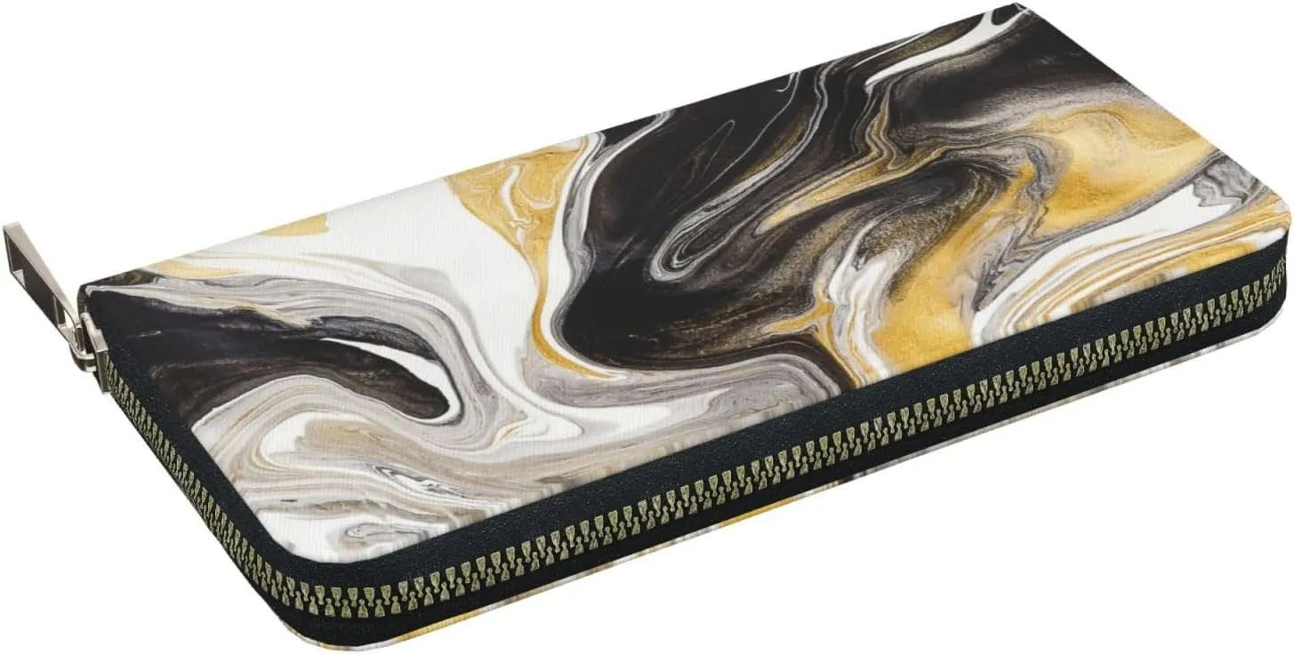 Abstract Black and Gold Swirl Liquid Ink Marble Wallet for Men Women Elegant Long Clutch Zip Around Travel Leather Coin Purse Large Capacity Credit Card Holder Handbag