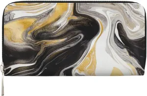 Abstract Black and Gold Swirl Liquid Ink Marble Wallet for Men Women Elegant Long Clutch Zip Around Travel Leather Coin Purse Large Capacity Credit Card Holder Handbag