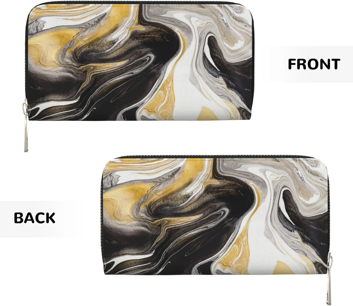 Abstract Black and Gold Swirl Liquid Ink Marble Wallet for Men Women Elegant Long Clutch Zip Around Travel Leather Coin Purse Large Capacity Credit Card Holder Handbag