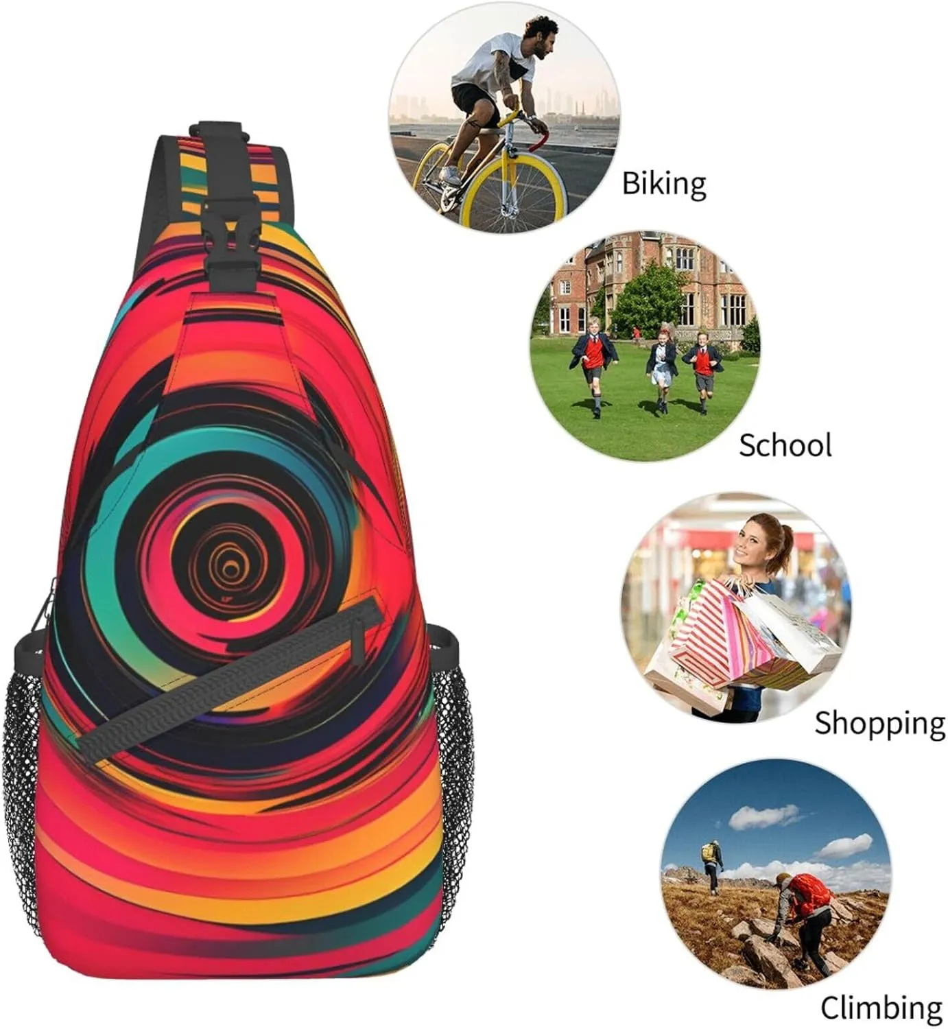 Abstract Circle Swirls Print Sling Backpack, Sling Bag, Crossbody Chest Bag Daypack, for Hiking Travel