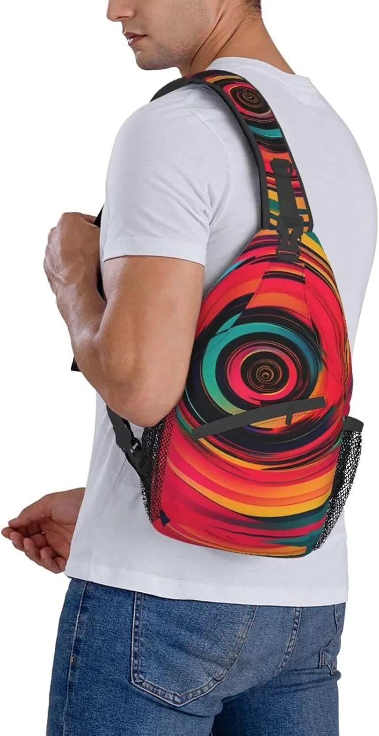 Abstract Circle Swirls Print Sling Backpack, Sling Bag, Crossbody Chest Bag Daypack, for Hiking Travel