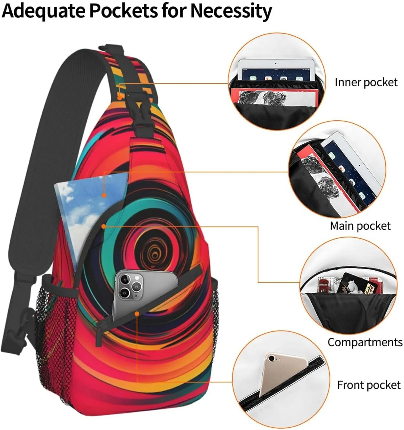 Abstract Circle Swirls Print Sling Backpack, Sling Bag, Crossbody Chest Bag Daypack, for Hiking Travel