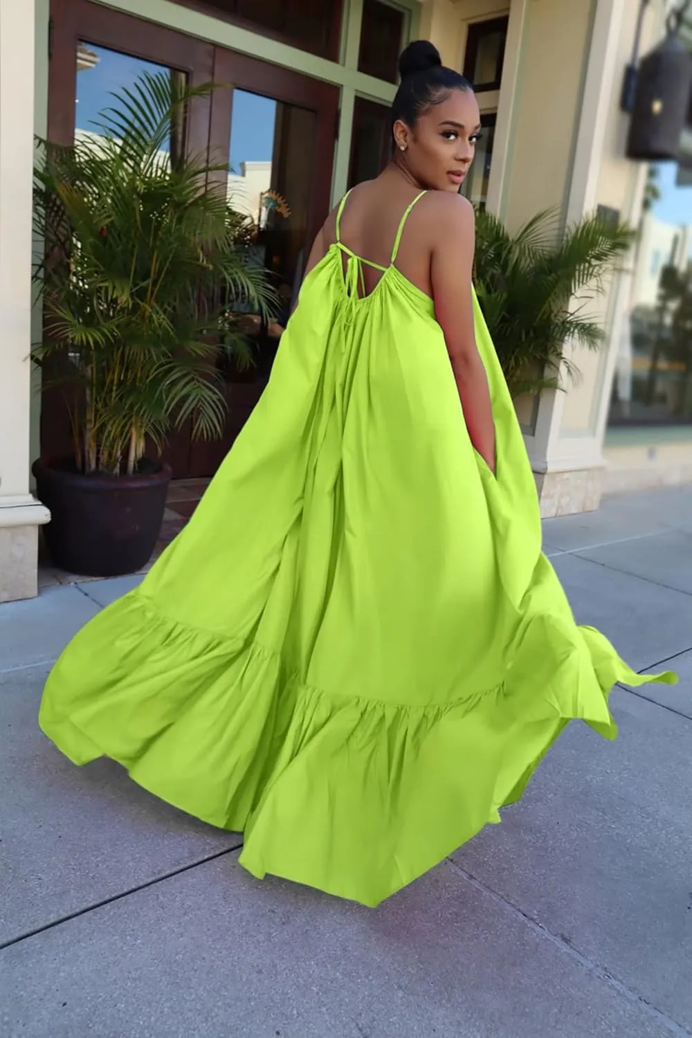 Adogirl Women's Sexy Spaghetti Strap Sleeveless Ruched Ruffle Hem Bandage Oversized Beach Loose Long Maxi Swing Dress