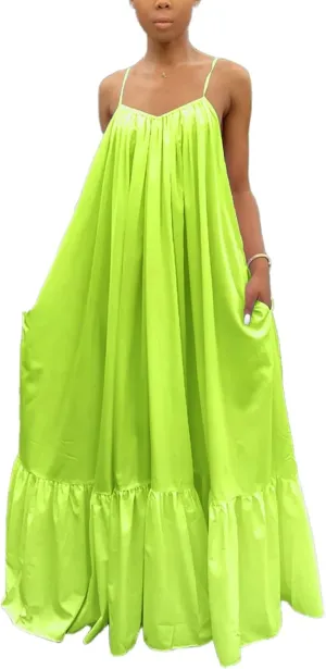 Adogirl Women's Sexy Spaghetti Strap Sleeveless Ruched Ruffle Hem Bandage Oversized Beach Loose Long Maxi Swing Dress