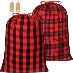 Advantez Buffalo Plaid Drawstring Bags, 2Pcs Big Fabric Christmas Bags Xmas Gift Bags Stocking Storage Sacks Cloth Wrapping Pouches for Present Goody Holiday Party Favor