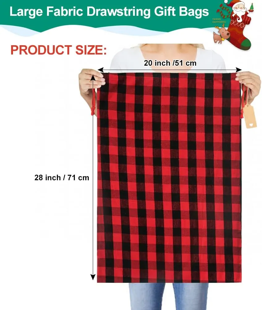 Advantez Buffalo Plaid Drawstring Bags, 2Pcs Big Fabric Christmas Bags Xmas Gift Bags Stocking Storage Sacks Cloth Wrapping Pouches for Present Goody Holiday Party Favor