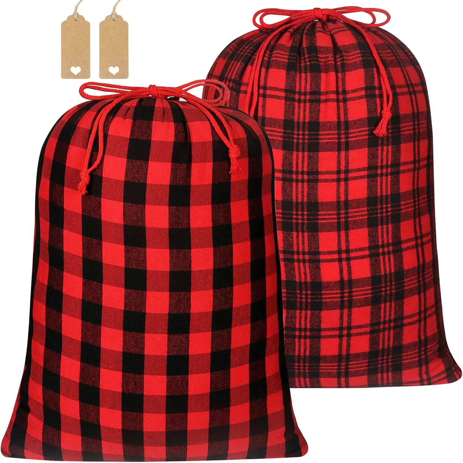 Advantez Buffalo Plaid Drawstring Bags, 2Pcs Big Fabric Christmas Bags Xmas Gift Bags Stocking Storage Sacks Cloth Wrapping Pouches for Present Goody Holiday Party Favor