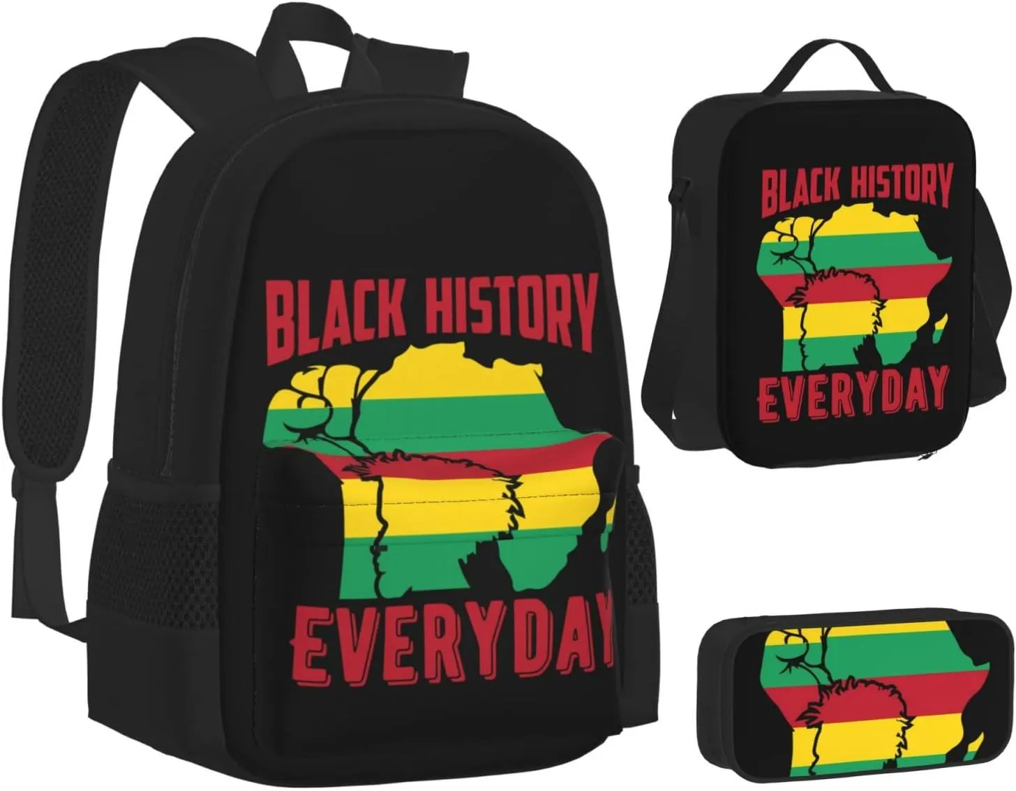 Aesthetic Africa Map and Black History Month Multifunctional Pocket Backpack Crossbody Lunch Bag Pencil Case 3Pcs Set Large Capacity Backpack