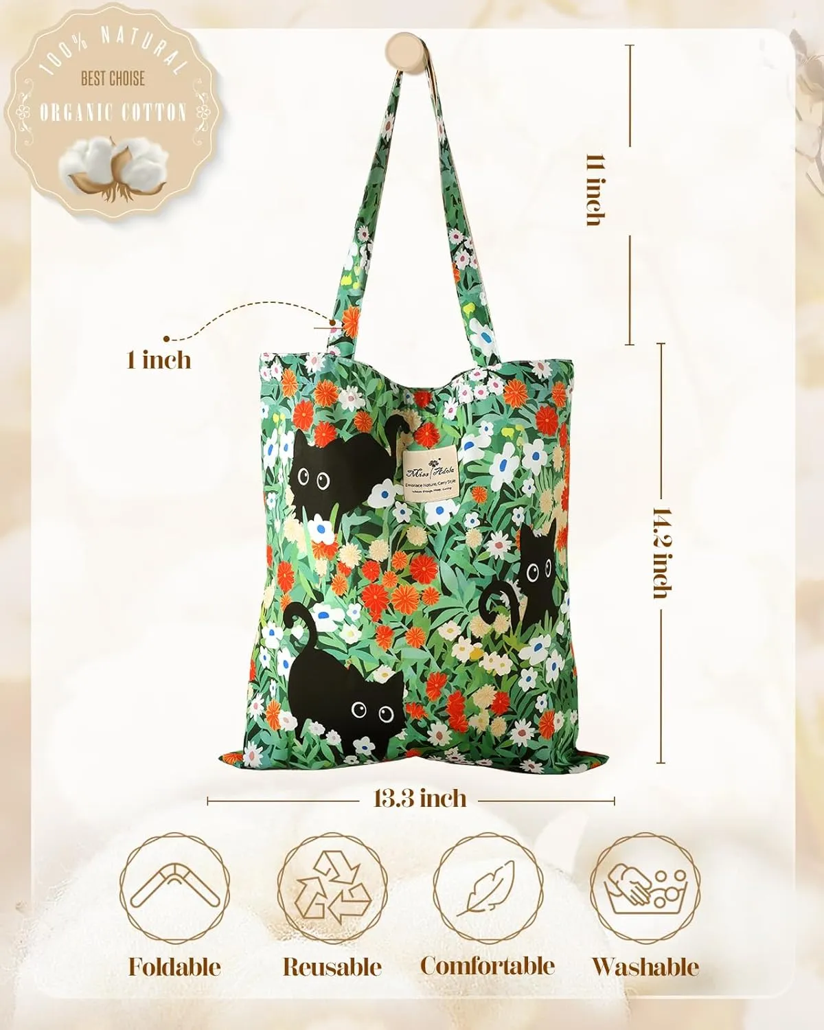 Aesthetic Cotton Tote Bag for Women - Reusable Shoulder Bag with Buckle Fabric Bag for Gym, Travel, Work