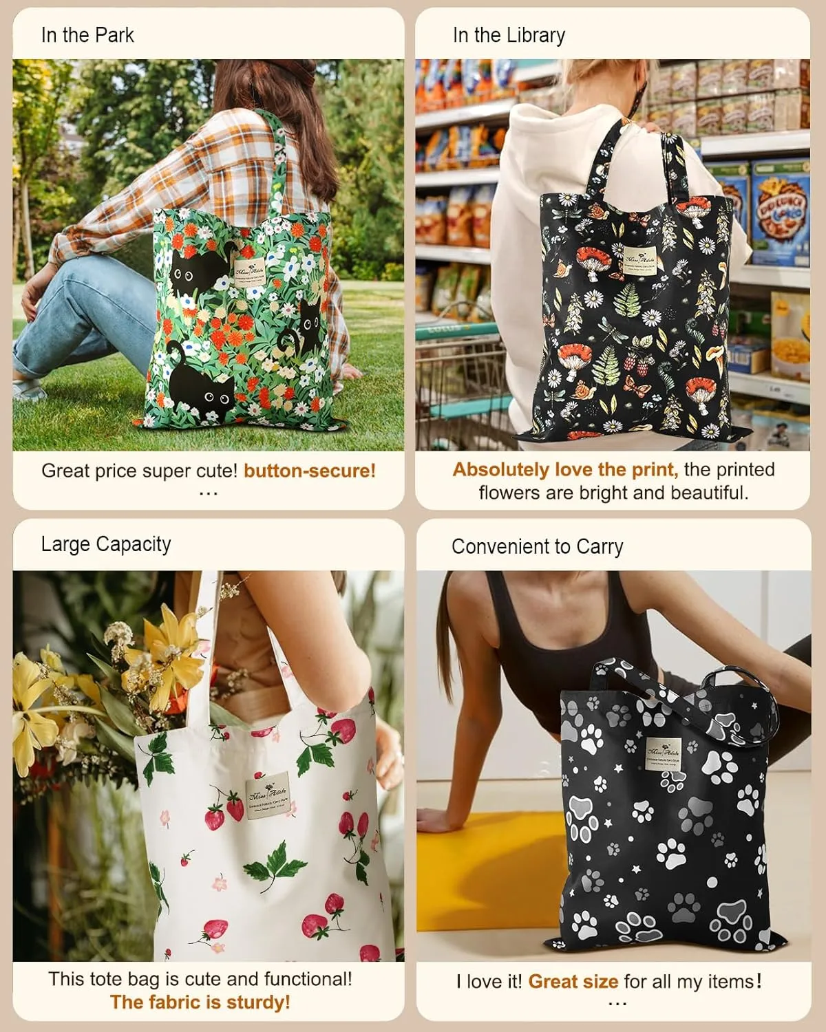 Aesthetic Cotton Tote Bag for Women - Reusable Shoulder Bag with Buckle Fabric Bag for Gym, Travel, Work