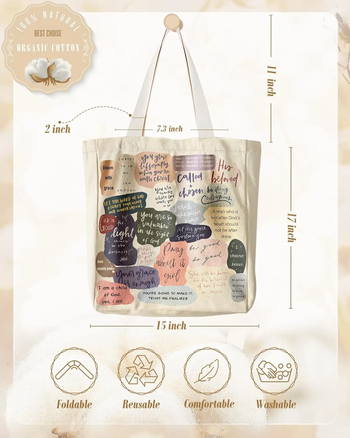 Aesthetic Heavy Canvas Tote Bag with Pocket for Women, Cloth Gusseted Totes Bag with Pattern for Shopping