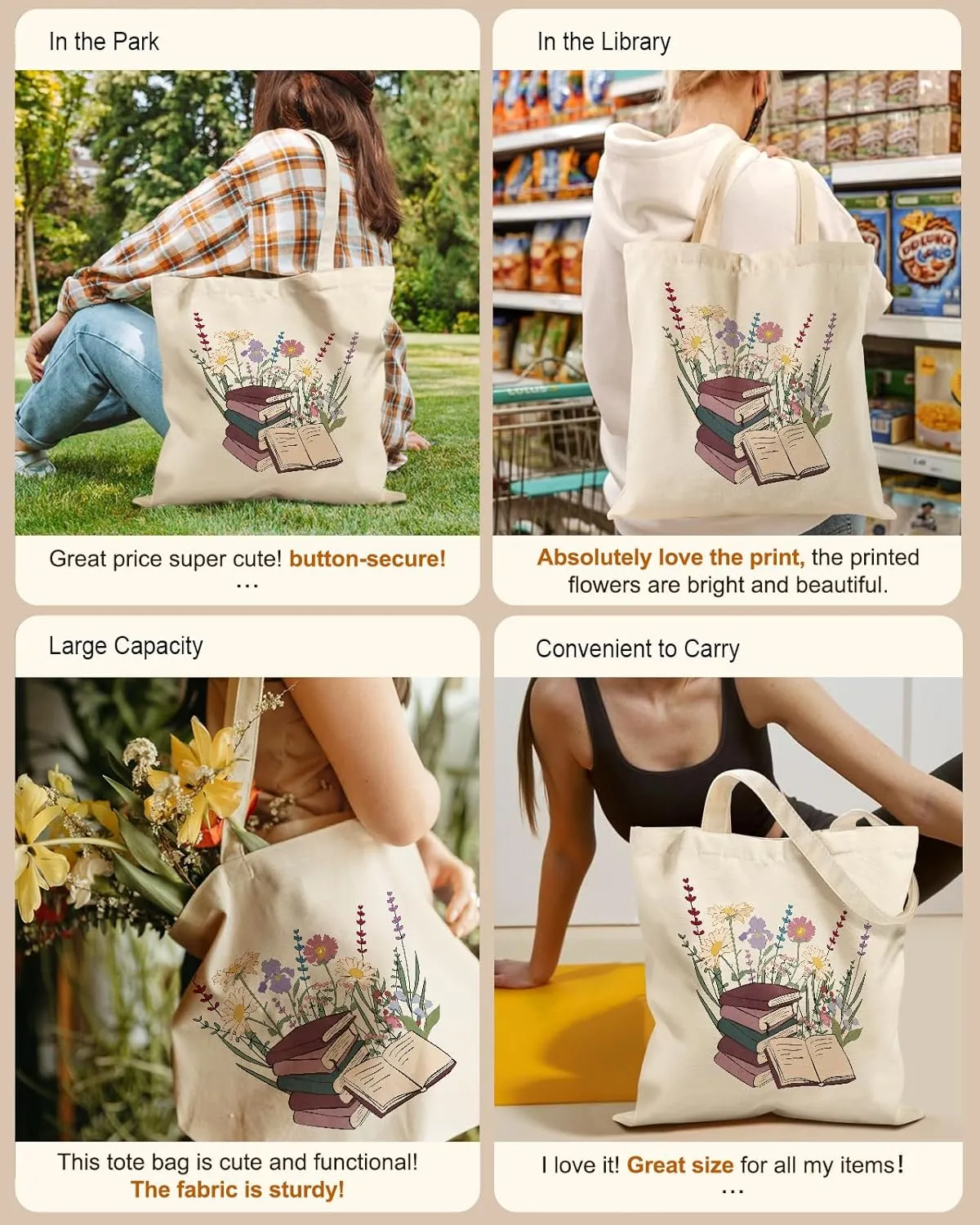 Aesthetic Tote Bag for Girls - with Magnetic Buckle and Zipper Inner Pocket for Women Lady Canvas Cotton Tote Bag