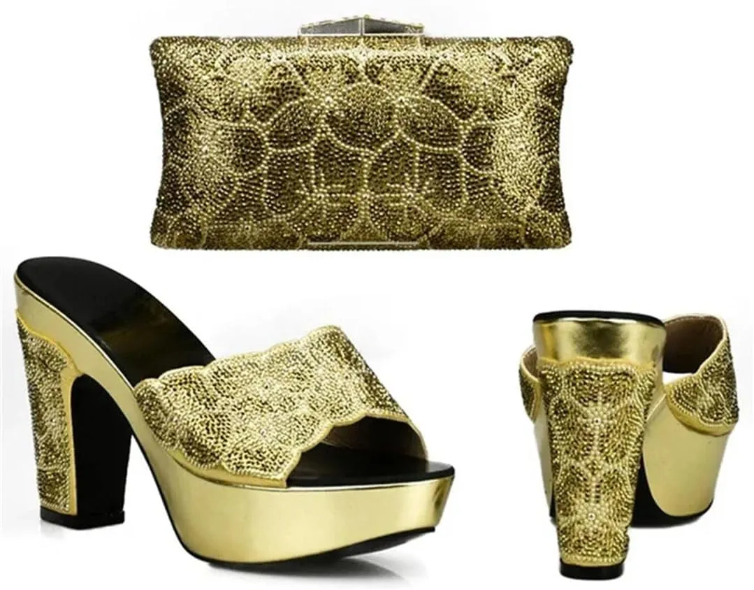 African-Inspired Rhinestone Wedding Shoes Set with Crystal Clutch Bag Women’s Luxury Banquet Heels