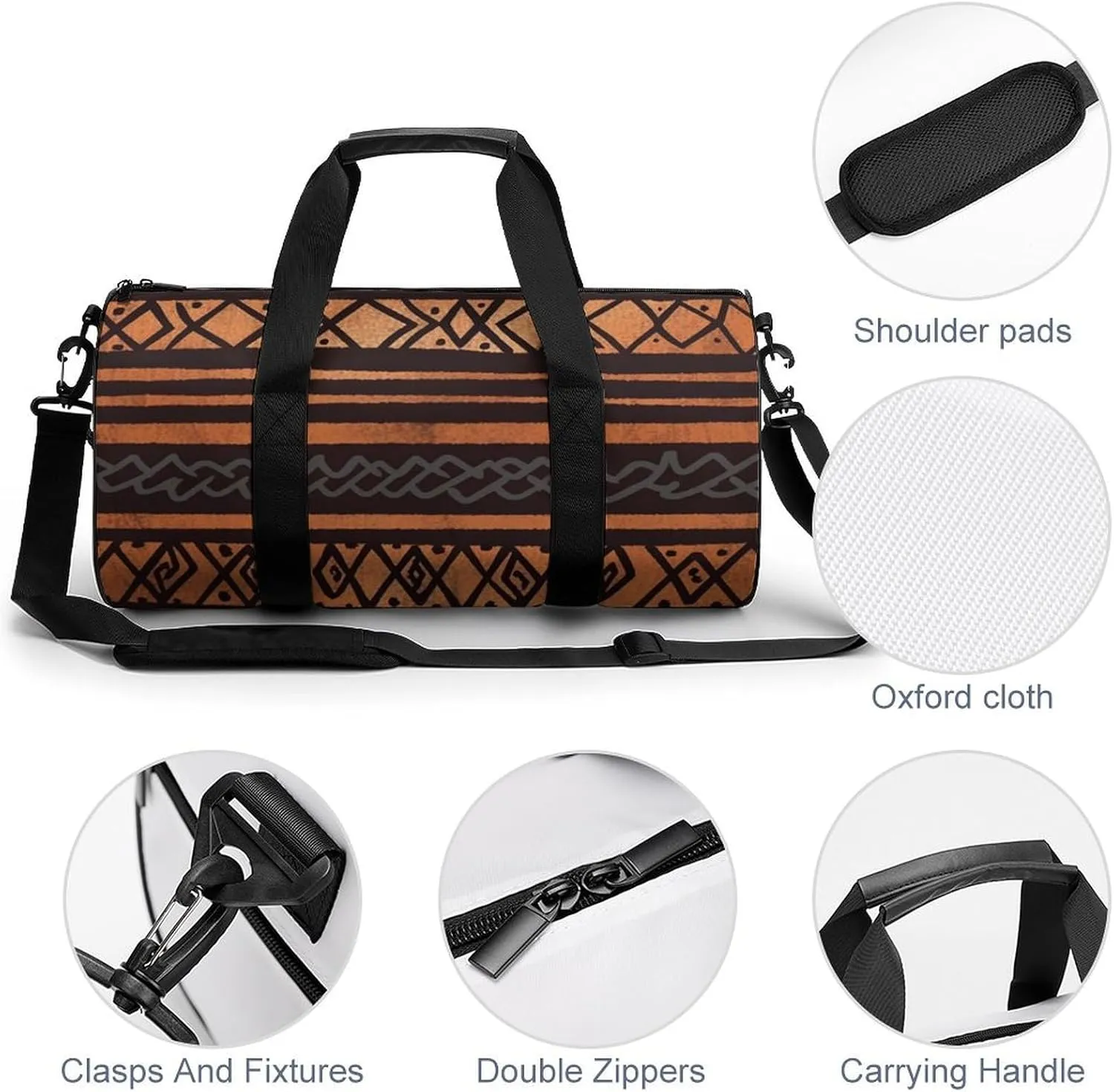 African Mud Cloth Tribal Gym Bag Small Travel Duffle Bag with Compartment Carry On Weekender Bag for Women Men