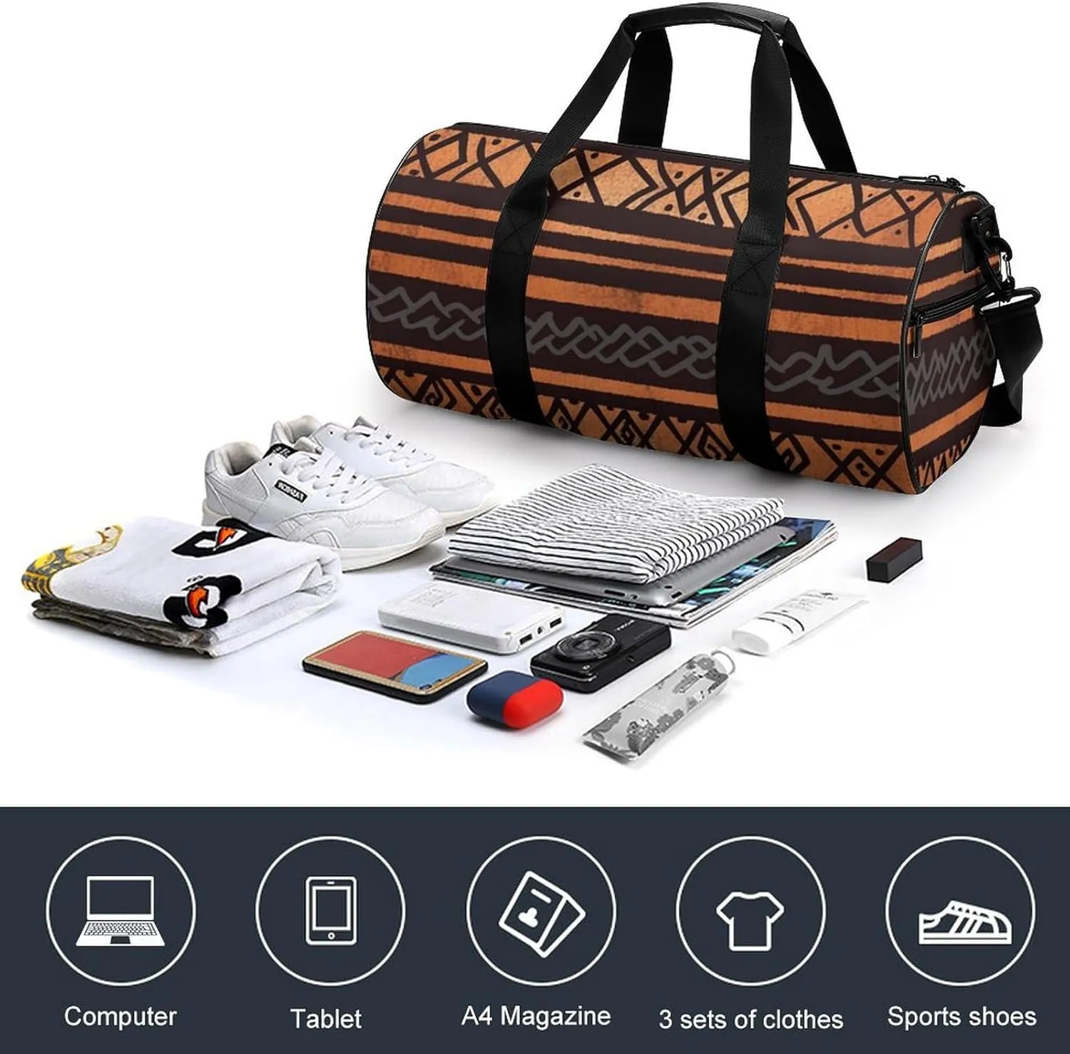 African Mud Cloth Tribal Gym Bag Small Travel Duffle Bag with Compartment Carry On Weekender Bag for Women Men