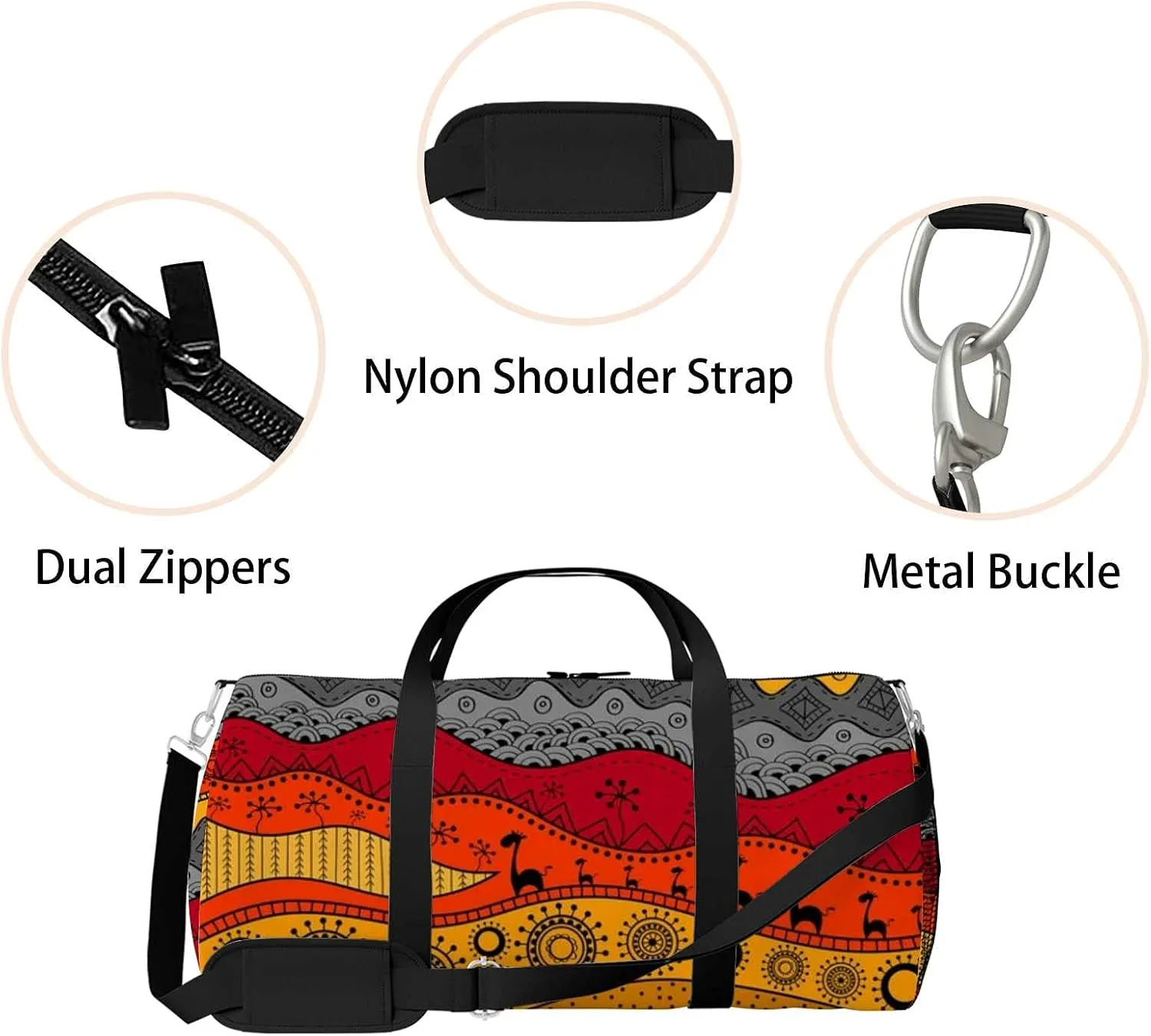 African Tribal Ethnc Style Sports Duffel Bag Travel Gym Tote Bags Lightweight Durable Shoulder Strap Waterproof Polyester Outside Mesh Pocket Overnight Trip Duffel Bag for Women Men