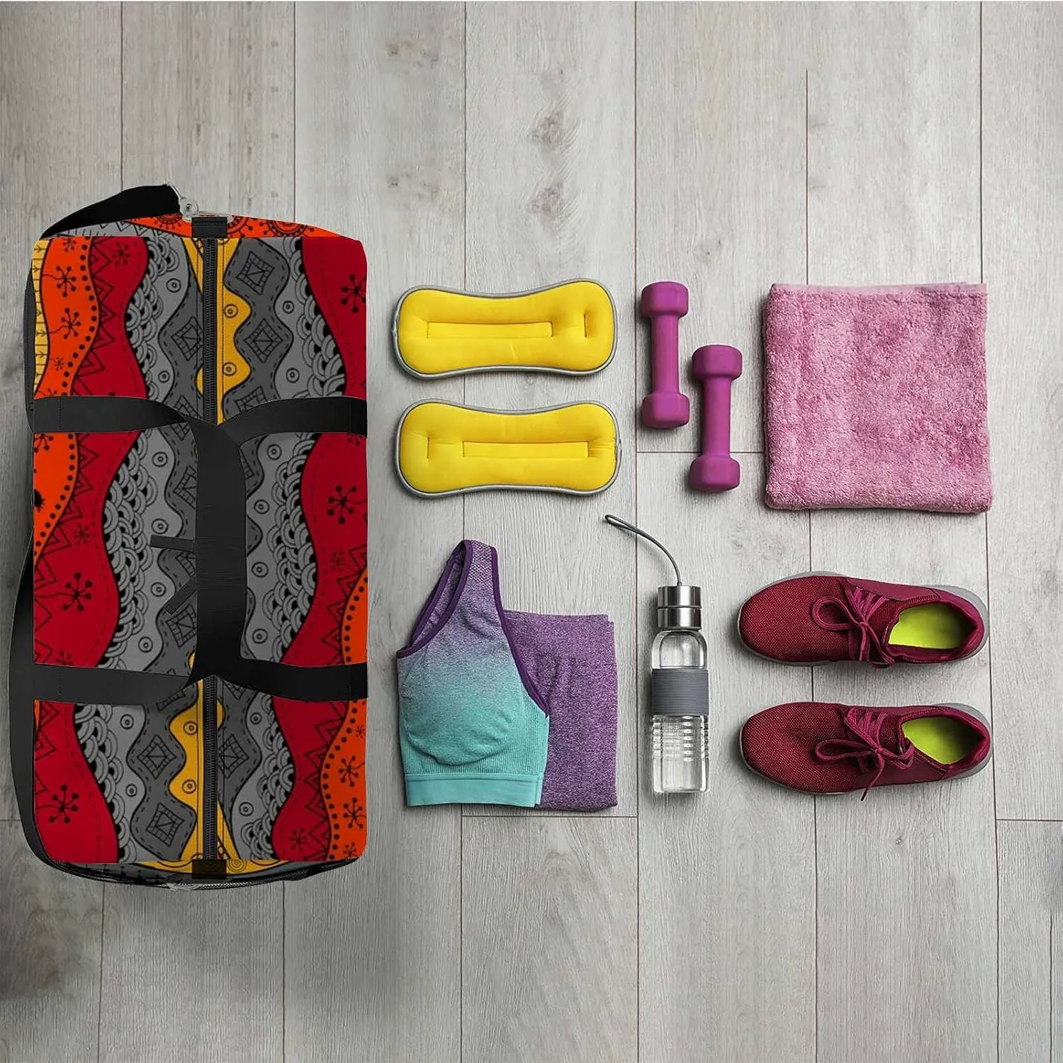 African Tribal Ethnc Style Sports Duffel Bag Travel Gym Tote Bags Lightweight Durable Shoulder Strap Waterproof Polyester Outside Mesh Pocket Overnight Trip Duffel Bag for Women Men
