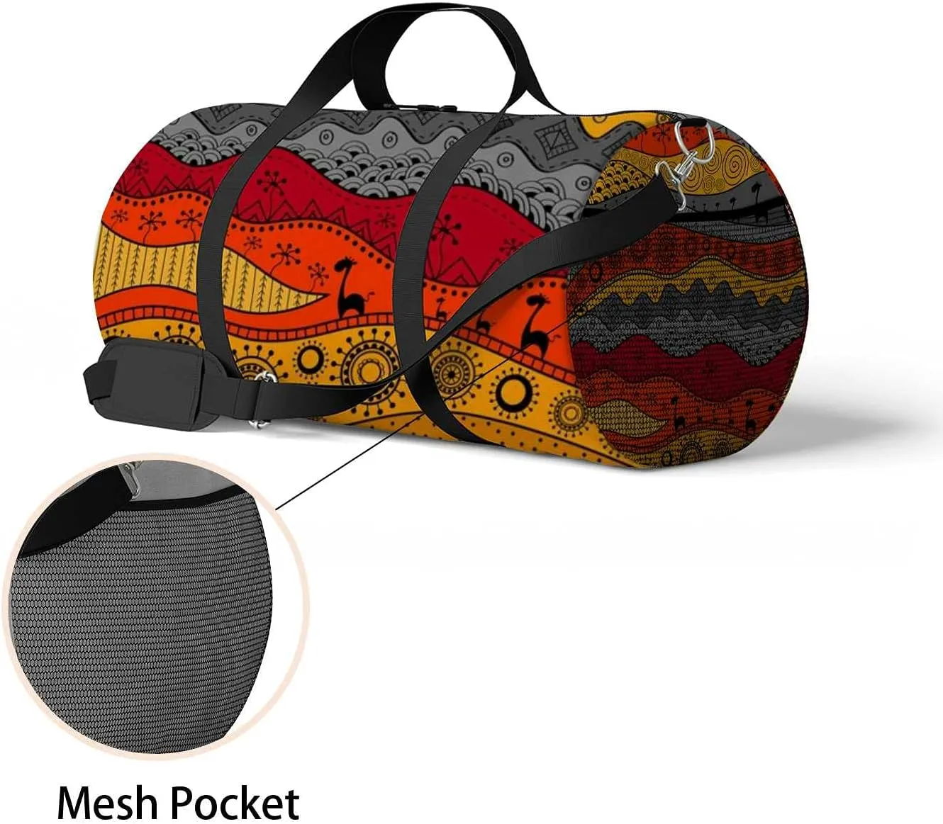 African Tribal Ethnc Style Sports Duffel Bag Travel Gym Tote Bags Lightweight Durable Shoulder Strap Waterproof Polyester Outside Mesh Pocket Overnight Trip Duffel Bag for Women Men
