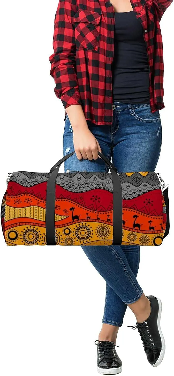 African Tribal Ethnc Style Sports Duffel Bag Travel Gym Tote Bags Lightweight Durable Shoulder Strap Waterproof Polyester Outside Mesh Pocket Overnight Trip Duffel Bag for Women Men